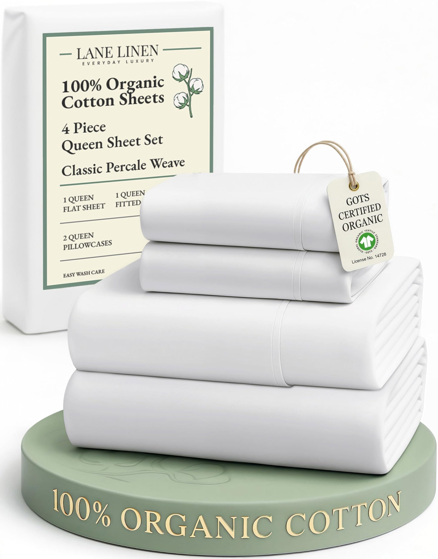 Lane Linen 100% Organic Cotton Queen Sheet Set, 4-Piece Percale Bed Sheets for Queen Bed - Soft, Breathable, Hypoallergenic, Deep Pocket Fits Mattress Up to 15" Deep, Hotel Quality Sheets - White