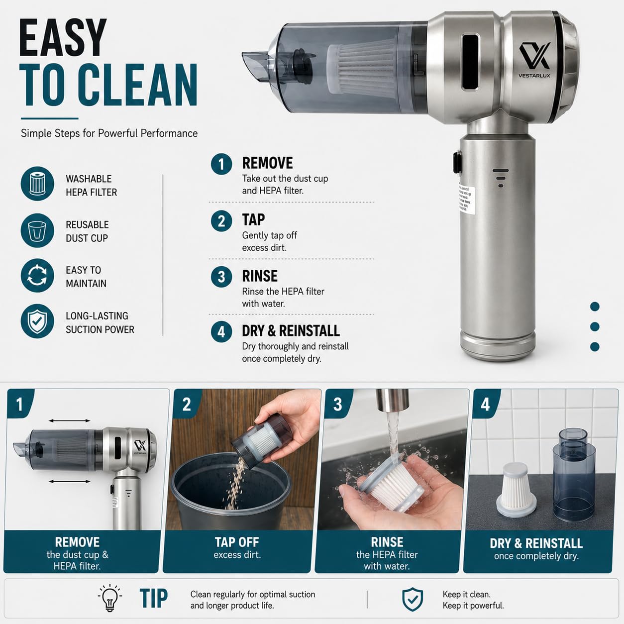 VESTARLUX Cordless Handheld Car Vacuum Cleaner – Powerful 25000PA Suction, 3-Speed Brushless Motor, Mini Portable 4-in-1 Vacuum & Blower for Car Interior, Pet Hair