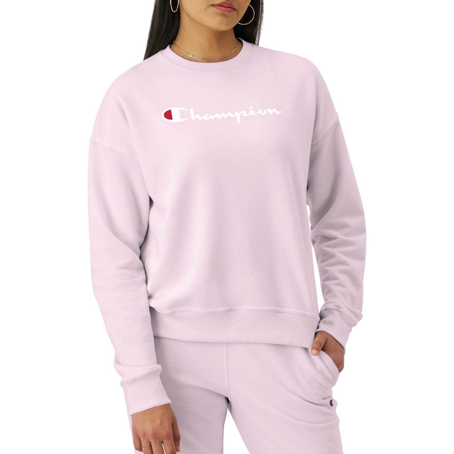 Champion, Powerblend, Fleece Crewneck, Warm Sweatshirt for Women (Plus, Chantilly Pink Script, X-Large