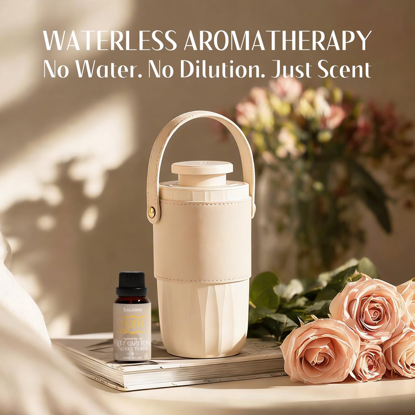 Waterless Essential Oil Diffuser with 30mL Hotel Scent Fragrance Oil, Battery Operated Portable Mini Diffuser with 1H/2H/4H Timer & Adjustable 2 Modes, Leather Handle for Home, Car, Travel, White