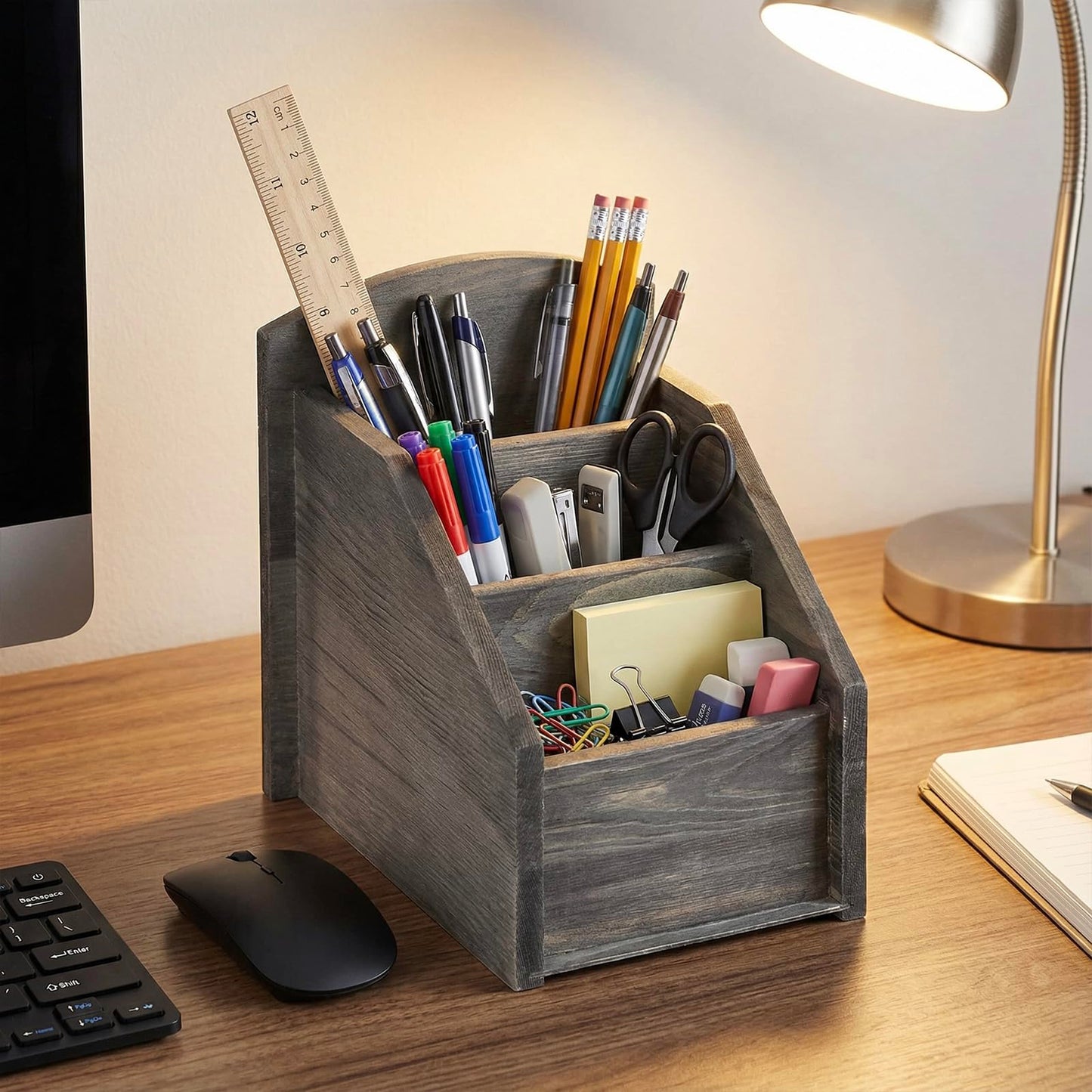 MyGift Rustic Dark Gray Wood 3-Slot Remote Control Holder Organizer Caddy, TV Remote Media Remote Storage Box for Living Room
