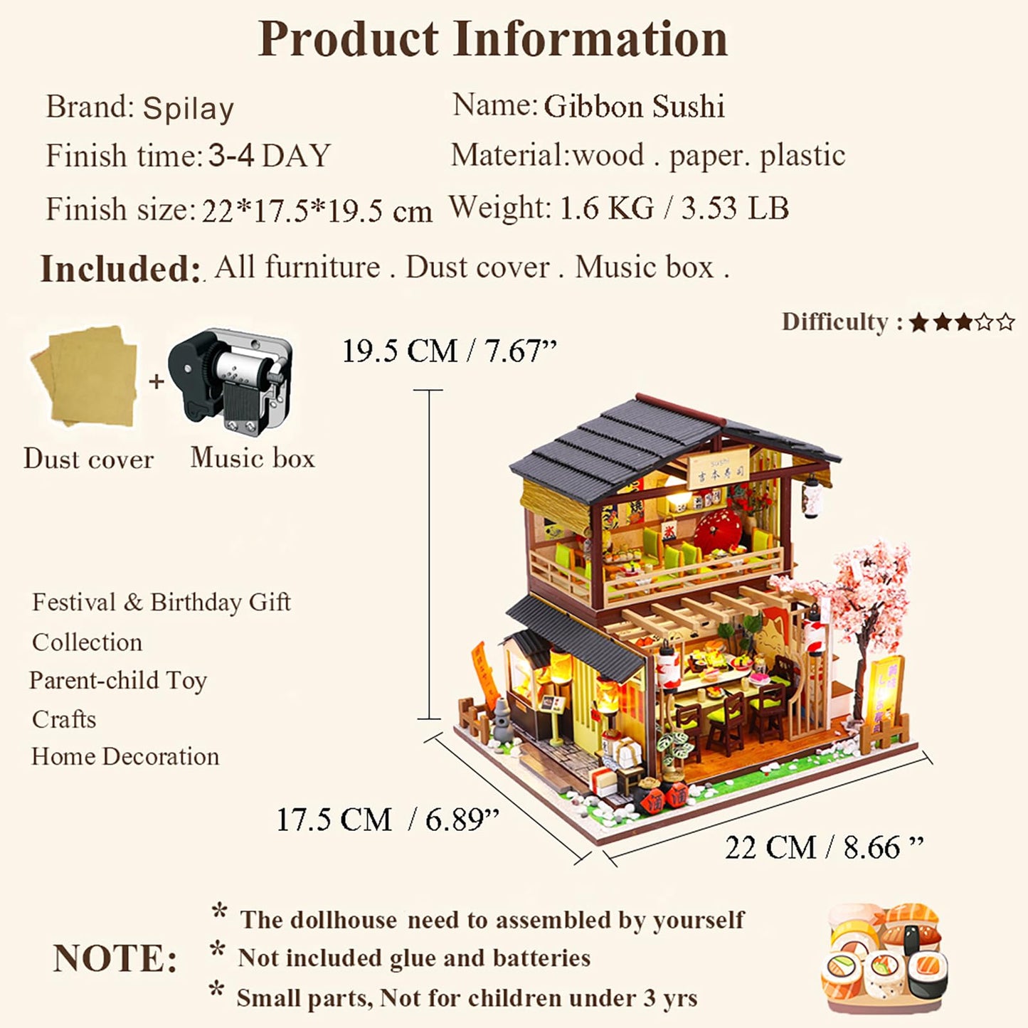 Spilay DIY Dollhouse Miniature with Wooden Furniture,Handmade Japanese Style Home Craft Model Mini Kit with1:24 Scale Creative Doll House Toys for Adult Teenager Gift (Gibbon Sushi)