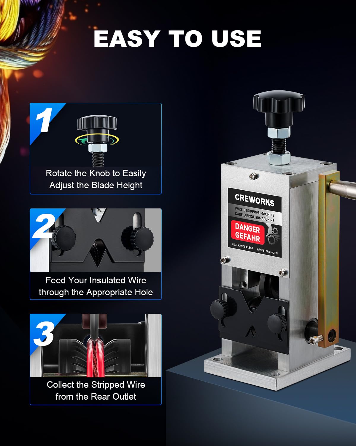 CREWORKS Manual Wire Stripper Machine, 0.06"-1" Wire Stripping Machine, Wire Stripping Tool for 1.5-25mm Scrap Wire, Drill Powered Cable Stripper for DIY Cable, Copper Wire Stripper for Leftover Cable