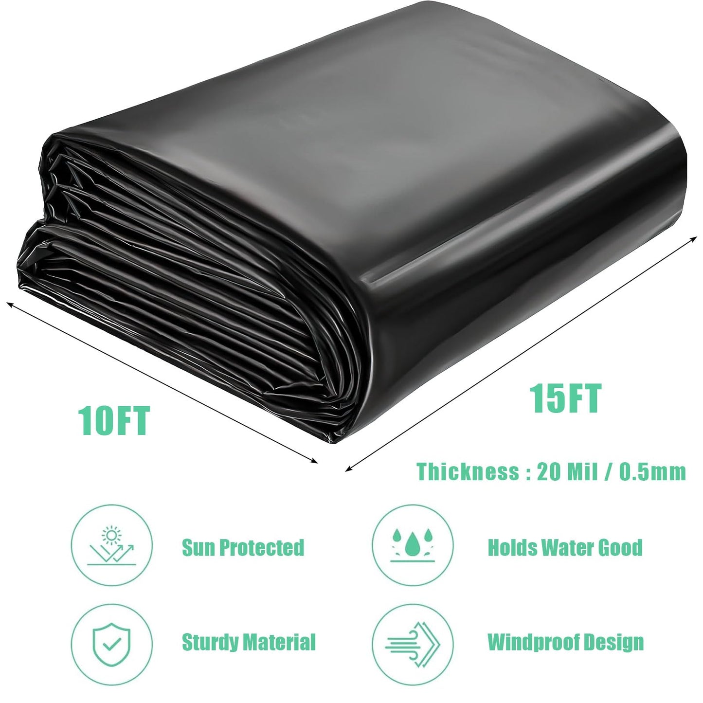 10 x 15 ft Pond Liner, 20 Mil Thickness, UV Resistant Preformed HDPE Pond Liner for Backyard Koi Ponds, Pool, Water Features, Fountains, Waterfall and Water Gardens, Black