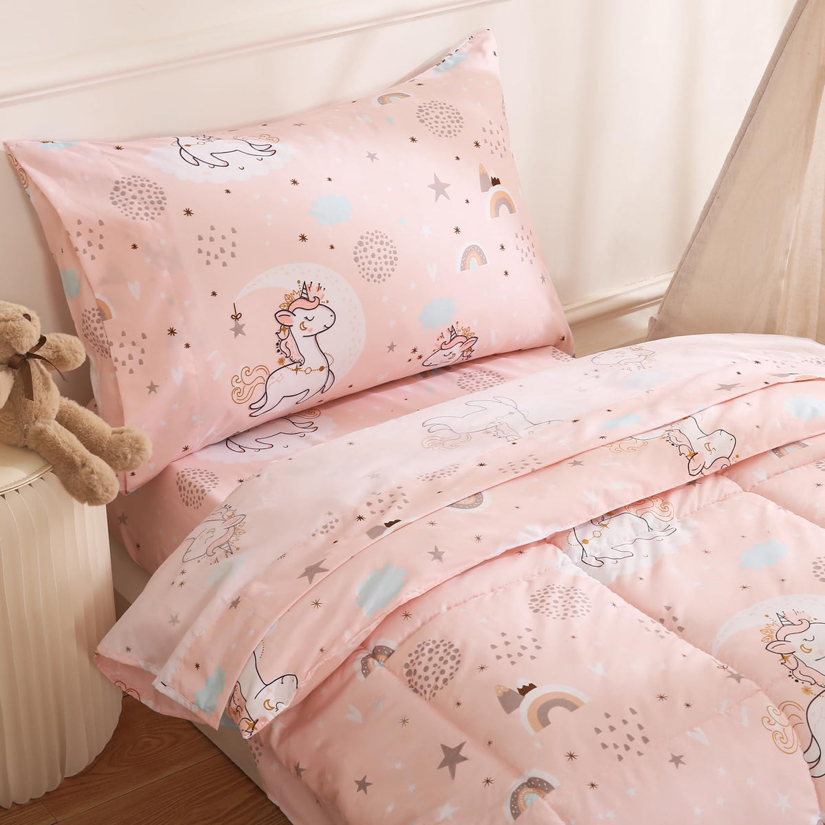 JSD Pink Unicorn 4 Piece Toddler Bedding Set, Girls Printed Microfiber Comforter Set, Includes Flat Sheet, Fitted Sheet, Quilted Comforter and Pillowcase