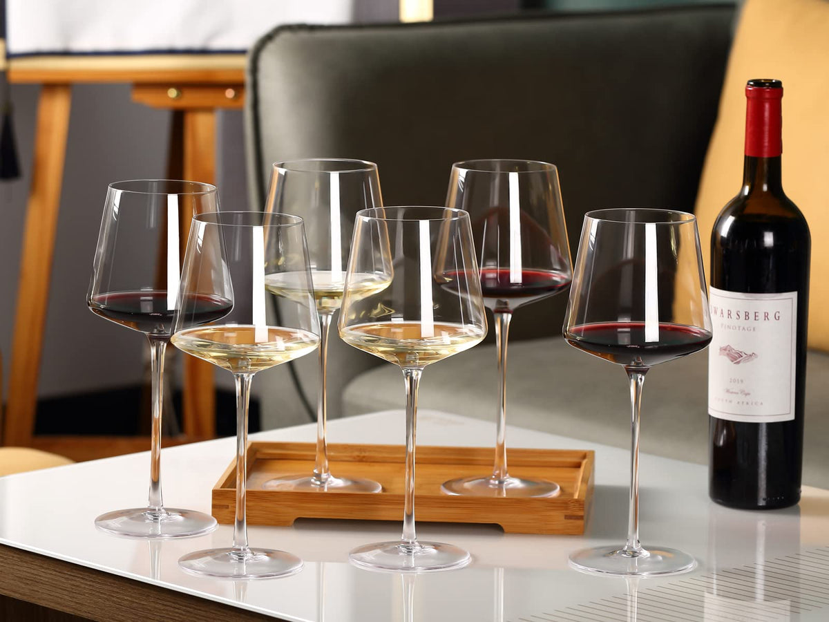Physkoa Wine Glasses Set of 6-18oz,Crystal Clear Wine Glasses with Tall Long stem, Square Wine Glasses with Flat Bottom,Red/White for Home Party Christmas