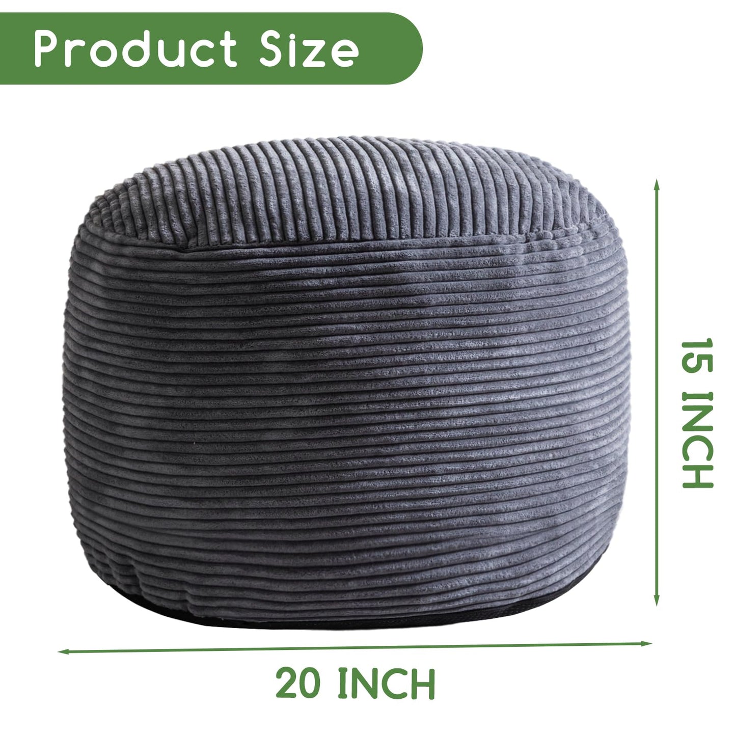 HIGOGOGO Corduroy Round Pouf Ottoman with Foam Chunk Filling, Furry and Fluffy Pouf Foot Stool, 20 X 15 Floor Poufs Foot Rest for Living Room, Dark Grey