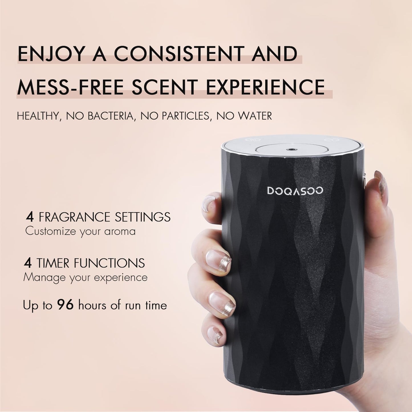 DOQASOO Waterless Diffuser for Essential Oils - Aluminum Metal Texture, 96H Cordless Nebulizer with Timer & 4 Mist Levels, Portable Aromatherapy for Home Room and Car
