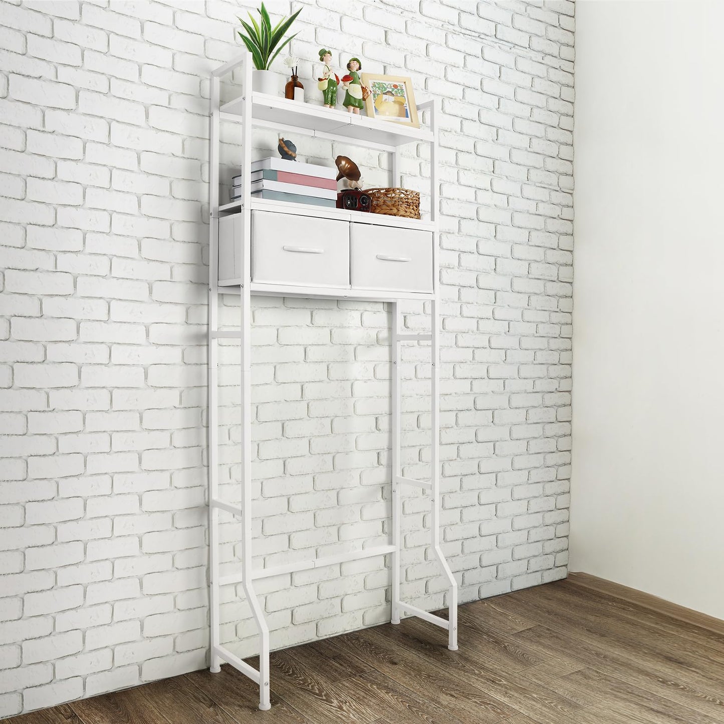 3-Tier Over The Toilet Storage Cabinet with Fabric Drawers Toilet Shelf Organizer with 4 Hooks Freestanding Bathroom Space Saver White