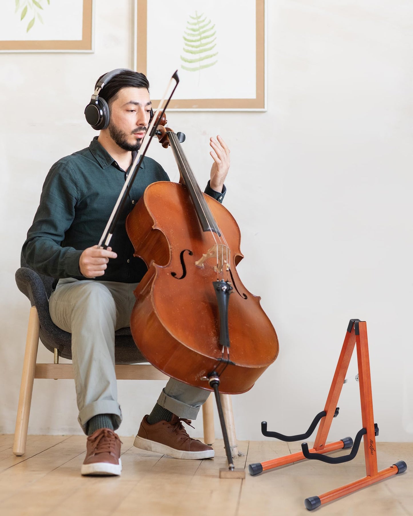 Musbeat Cello Stand with Bow Holder, Mahogany Wooden A-Shape Floor Stand with Padded Foam, Handcrafted Cello Rack Fits 1/2, 3/4, 7/8, 4/4 Full-Size and Guitar, Instrument Holder for Home and Studio