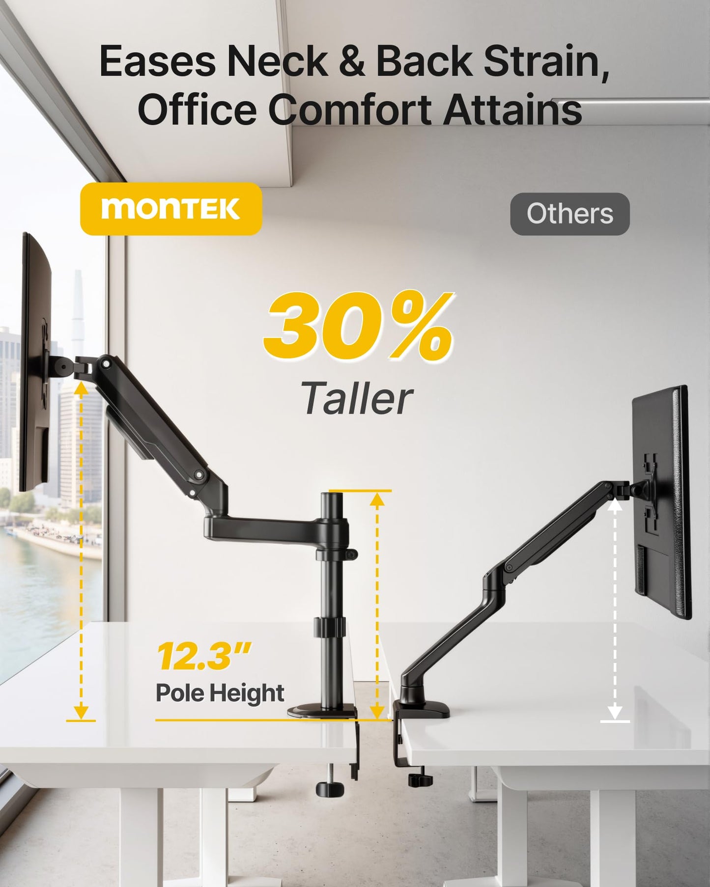 monTEK Tall Single Monitor Arm, Heavy Duty Adjustable Desk Mount for 17–32" Screens, Holds 19.8 lbs, 21 in Max Height, Full Motion Swivel & Tilt, VESA 75/100mm