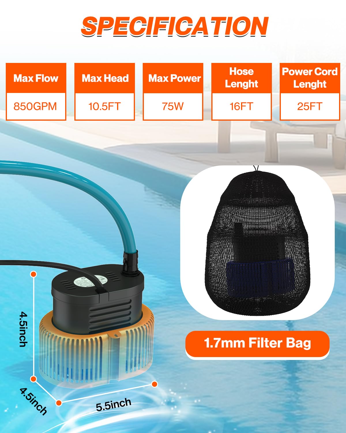 AgiiMan Pool Cover Pump Above Ground - Submersible Swimming Sump Inground Pump, Water Removal with 16' Drainage Hose and 25 Feet Power Cord, 850 GPH, 3 Adapters (Orange)