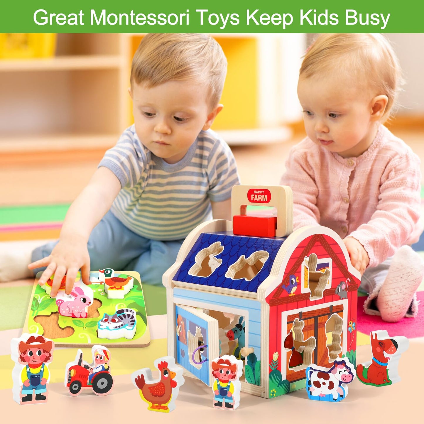 Toddler Montessori Wooden Farm Animal Toys for 1 2 3 Year Old Girls Boys, Sorting Barn Toy with Blocks Puzzles, Baby Shape Sorter Learning Toys, Christmas Birthday Gifts for Toddlers 1-3