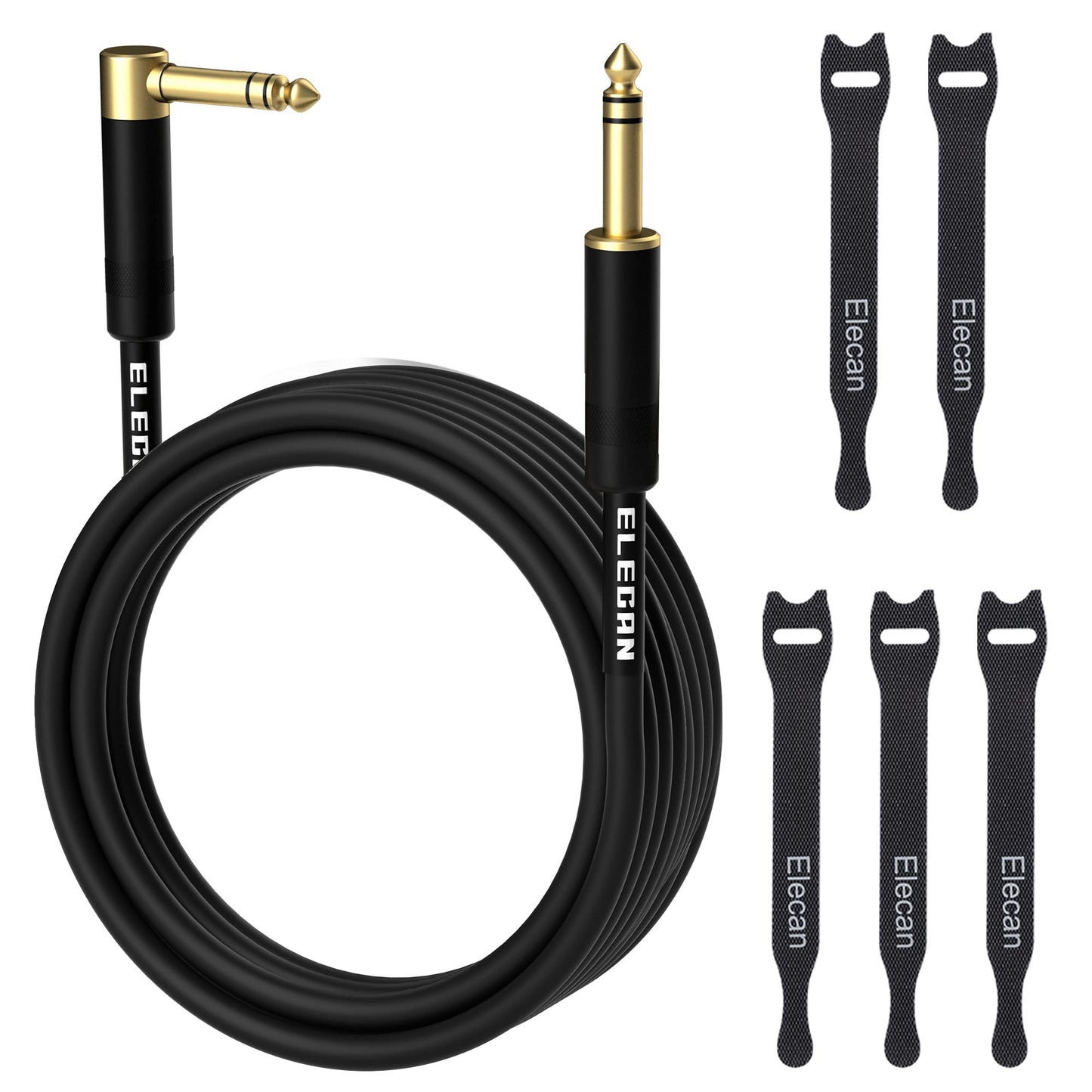 Elecan 1/4 Inch TRS Instrument Cable 100 Ft- Right Angle to Straight 6.35mm Male Jack Stereo Audio Interconnect Cord- Gold Plated- 90 Degree 6.35 mm Balanced Line for Electric Guitar Bass+ 5 Ties