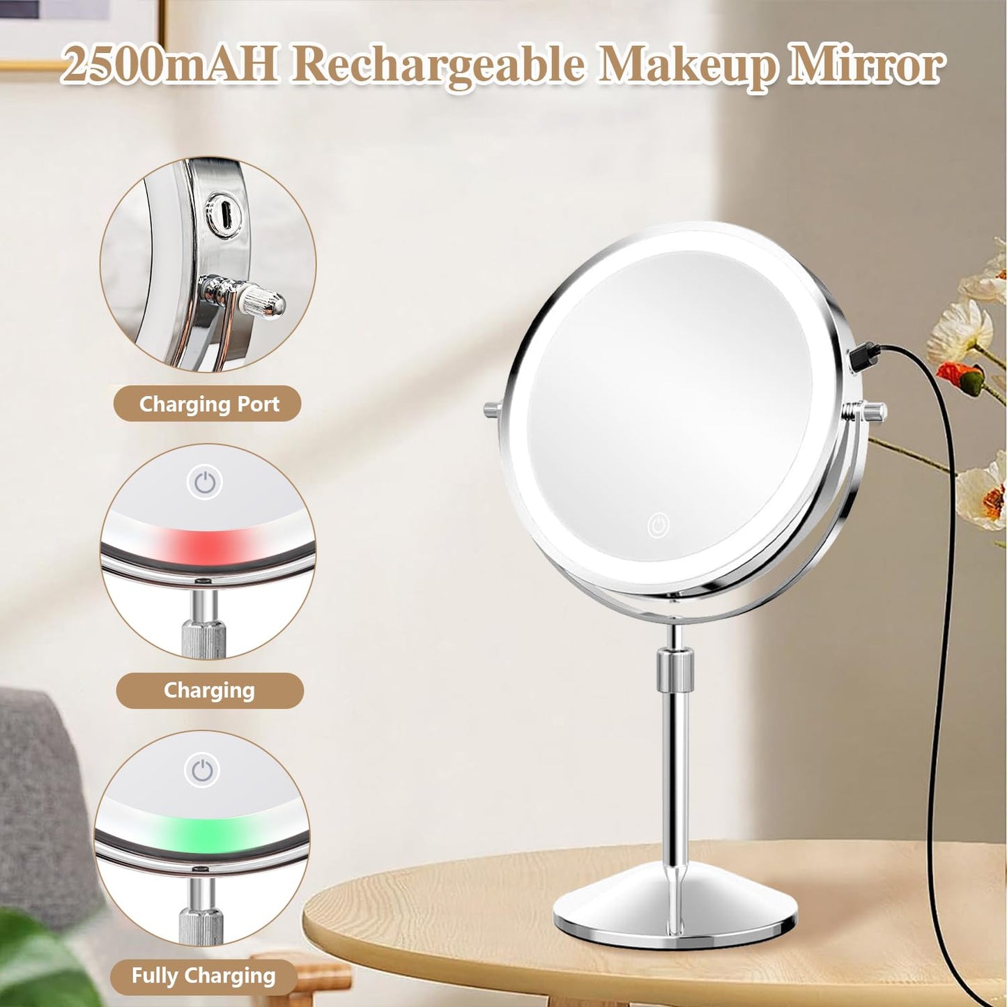 BTremary 20X Make Up Mirror with Lighting Adjustable Height, 8” Magnifying Mirror with Lights, 2500mAh Illuminated Makeup Mirror 360 Rotation Light Up Mirror for Detail Makeup in Bathroom/Bedroom.