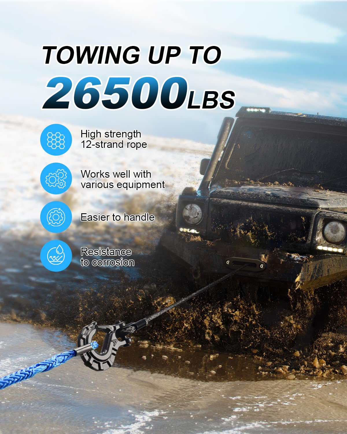 Kolvoii Winch Rope Extension 3/8 Inch x 50Ft 26,500 Lbs, Synthetic Winch Extension Cable Line for Off Road Vehicle ATV UTV Truck etc - Blue
