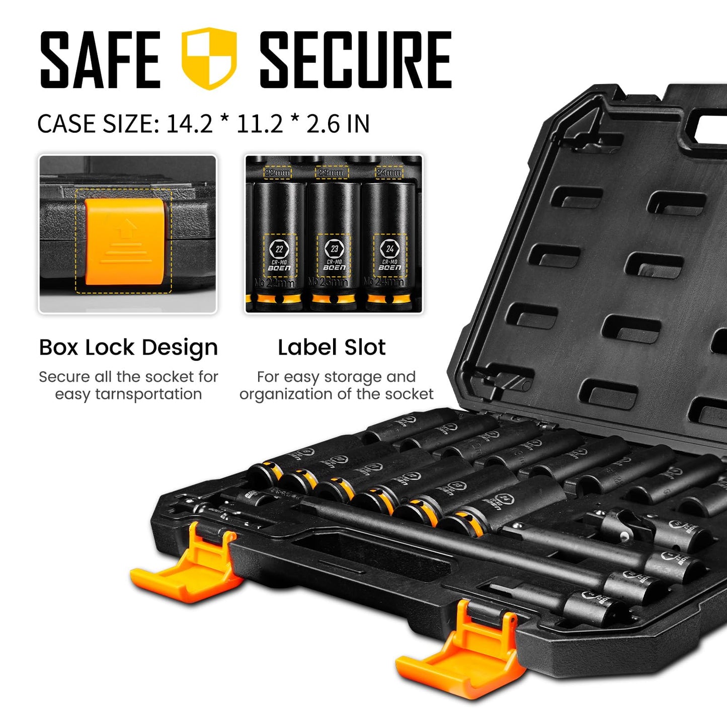 BOEN Pro 1/2" Drive Metric Deep Impact Socket Set, 21-Piece CR-MO &CR-V Steel, Upgraded Torque & Durability, 10mm-24mm, Includes Extension Bars, Universal Joint, Adapter – Meets ANSI