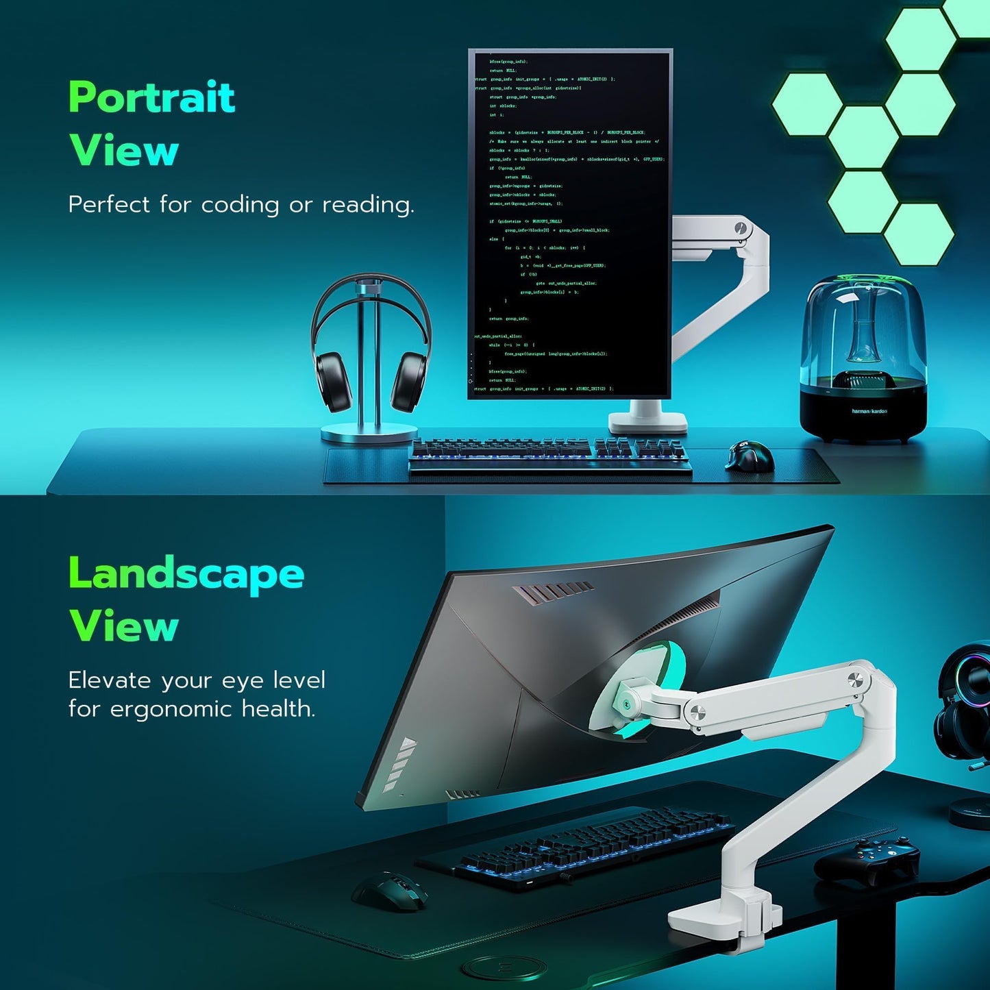 ARES WING Ultrawide Monitor Arm for 17 to 49 Inch Heavy Duty Curved Screen, Holds 44 Lbs, Adjustable Gas Spring Monitor Arm Desk Mount with C Clamp, Grommet Base, 75/100 Vesa Mount, White