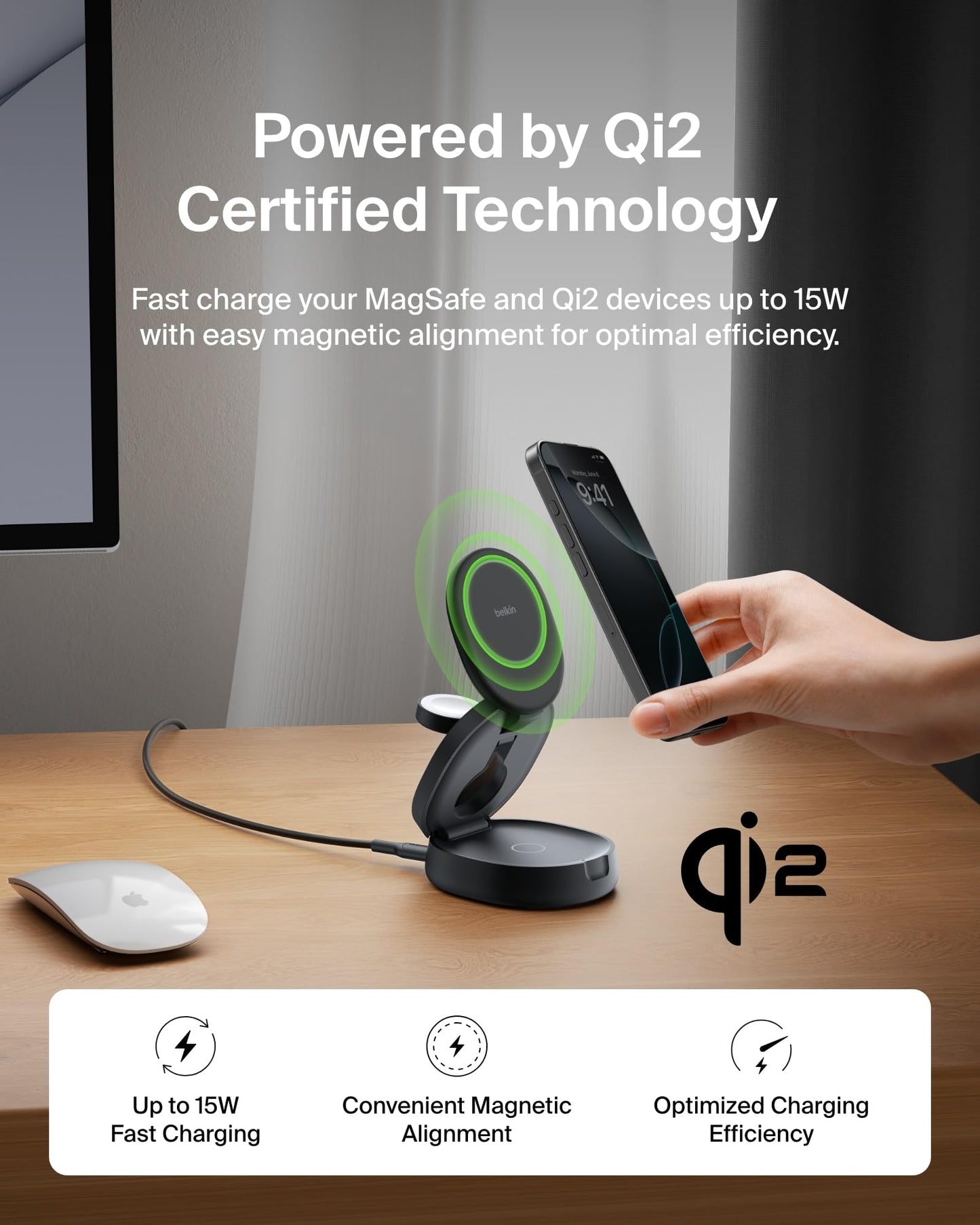 Belkin MagSafe Charger Compatible, 3-in-1 Qi2 Wireless Charging Station 15W, Convertible Wireless Charger for iPhone 17, Apple Watch, AirPods, Portable Phone Stand for Travel w/ 36W Adapter - Black