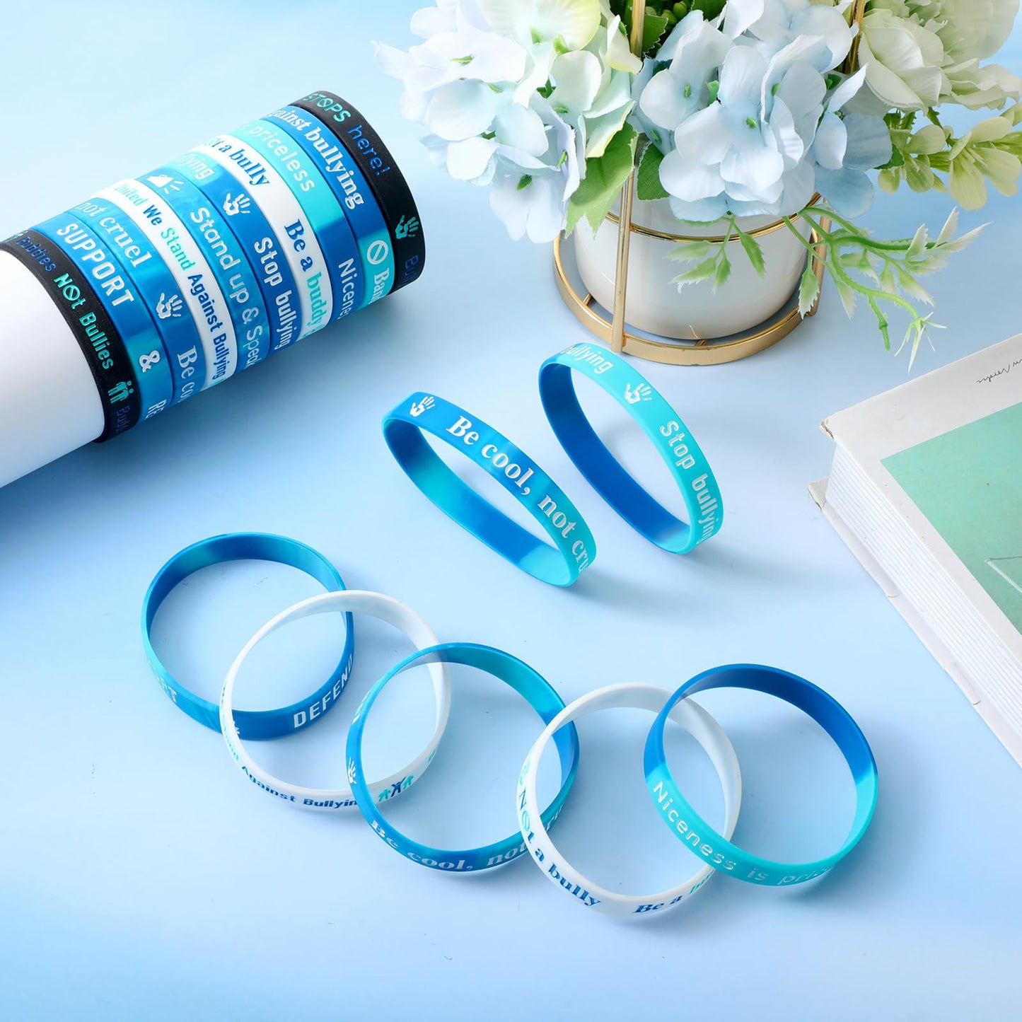 Seenelling 200 Pcs Anti Bullying Wristbands Bulk Against Bullying Silicone Bracelet 10 Styles Unisex Stretchy Motivational Silicone Wristbands for Anti Bullying Awareness Fundraising