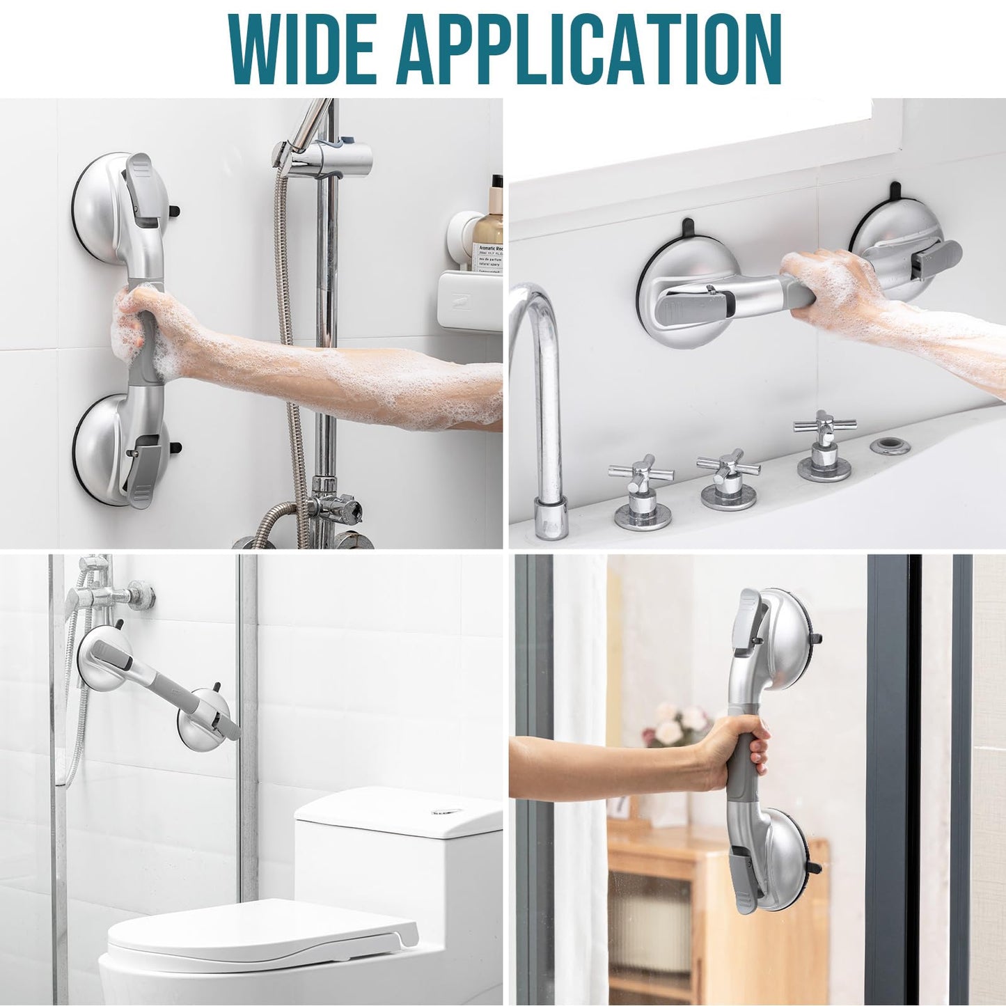 TAILI Grab Bars for Bathtubs and Showers,2 Pack Shower Handles for Elderly Suction,Shower Bar with Upgraded Rubber Suction Cups,Maximum 330lbs, Safety Grip for Senior, No Drilling Removable,Silver