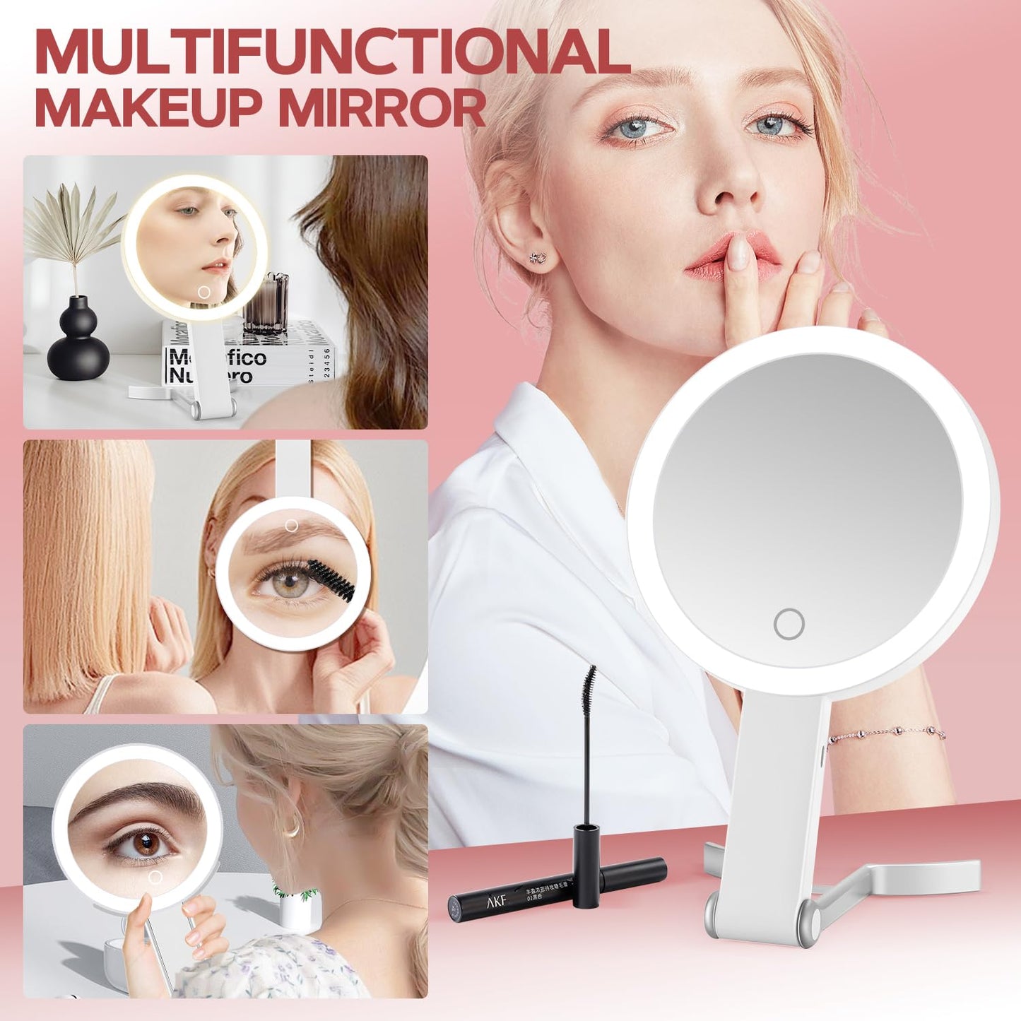 MIYADIVA Lighted Makeup Mirror, 30X Magnifying Mirror with Light and Adjustable Brightness, Hanging and Handheld Mirror with Handle, Portable Travel Makeup Mirror with Lights, Vanity Mirror for Women