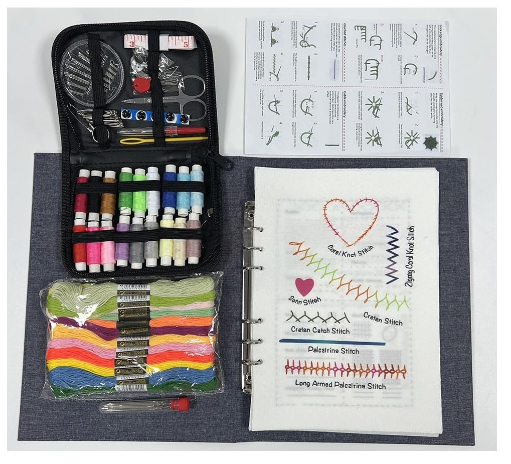 Complete Embroidery Kit for Beginners with 10.8x8.1 Inch Embroidery Stitch Book, 24 Colors Thread, Tools & 2 Guides – Reusable Stitch Practice Book for Learning Embroidery