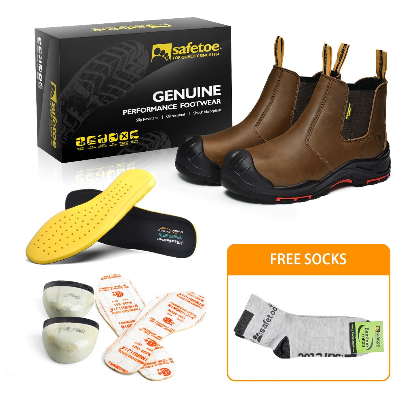 Mens Work Boots Composite Toe Chelsea Safety Boots Slip On Cow Leather Waterproof Lightweight Working Boots