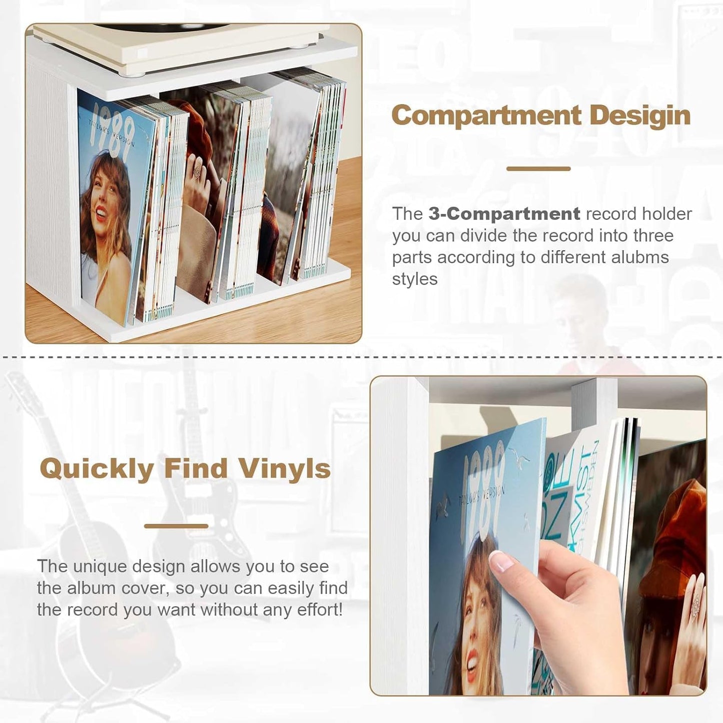 Emfogo Vinyl Record Storage, Record Player Stand Wall Mount Up to 80-100 Albums, 3-Compartment Vinyl Record Holder (White)
