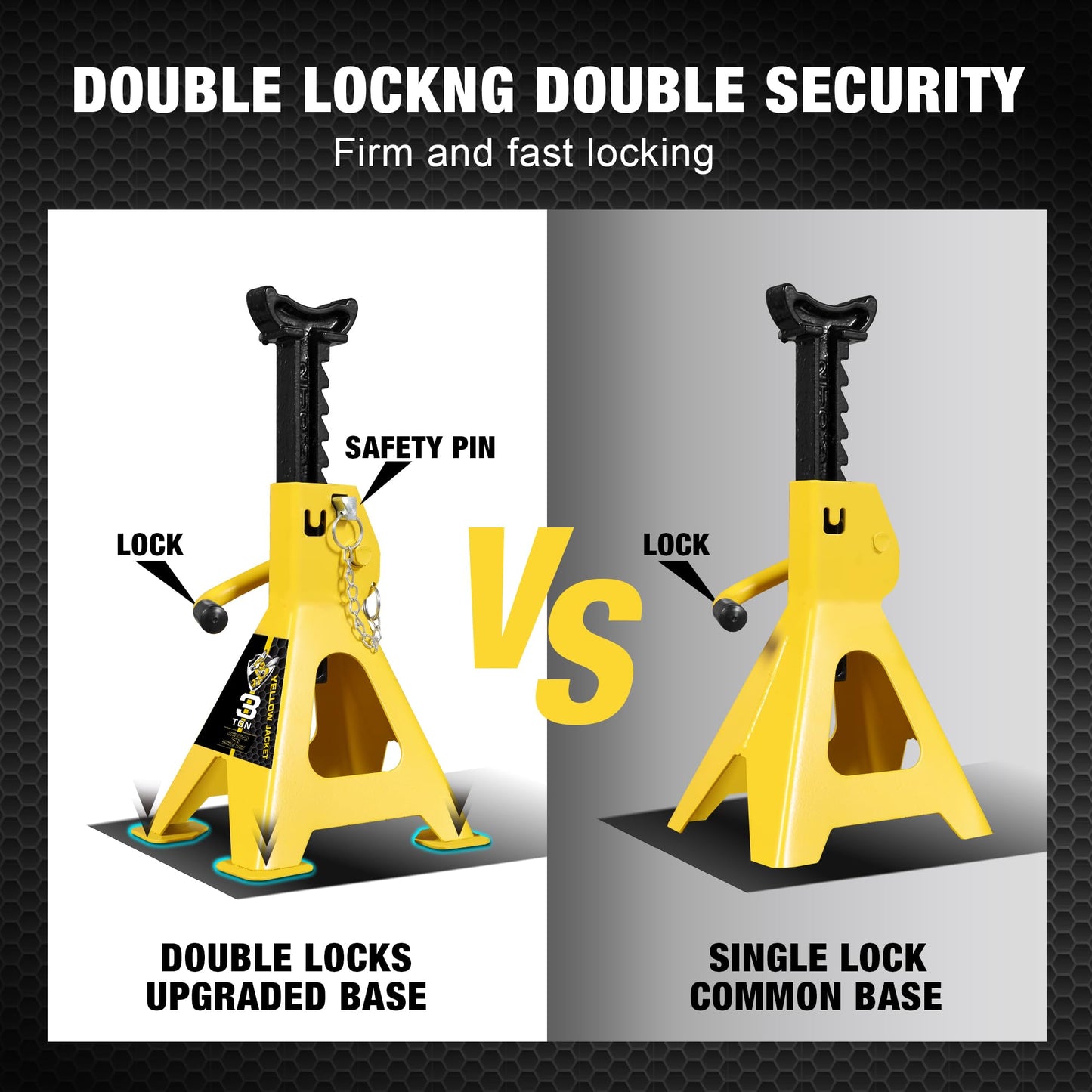 YELLOW JACKET Car Jack Stands with Double Locking and Large Foot Base for Lifting SUVS, Heavy Duty Steel, 3 Ton (6,600 lb) Capacity, 1 Pair