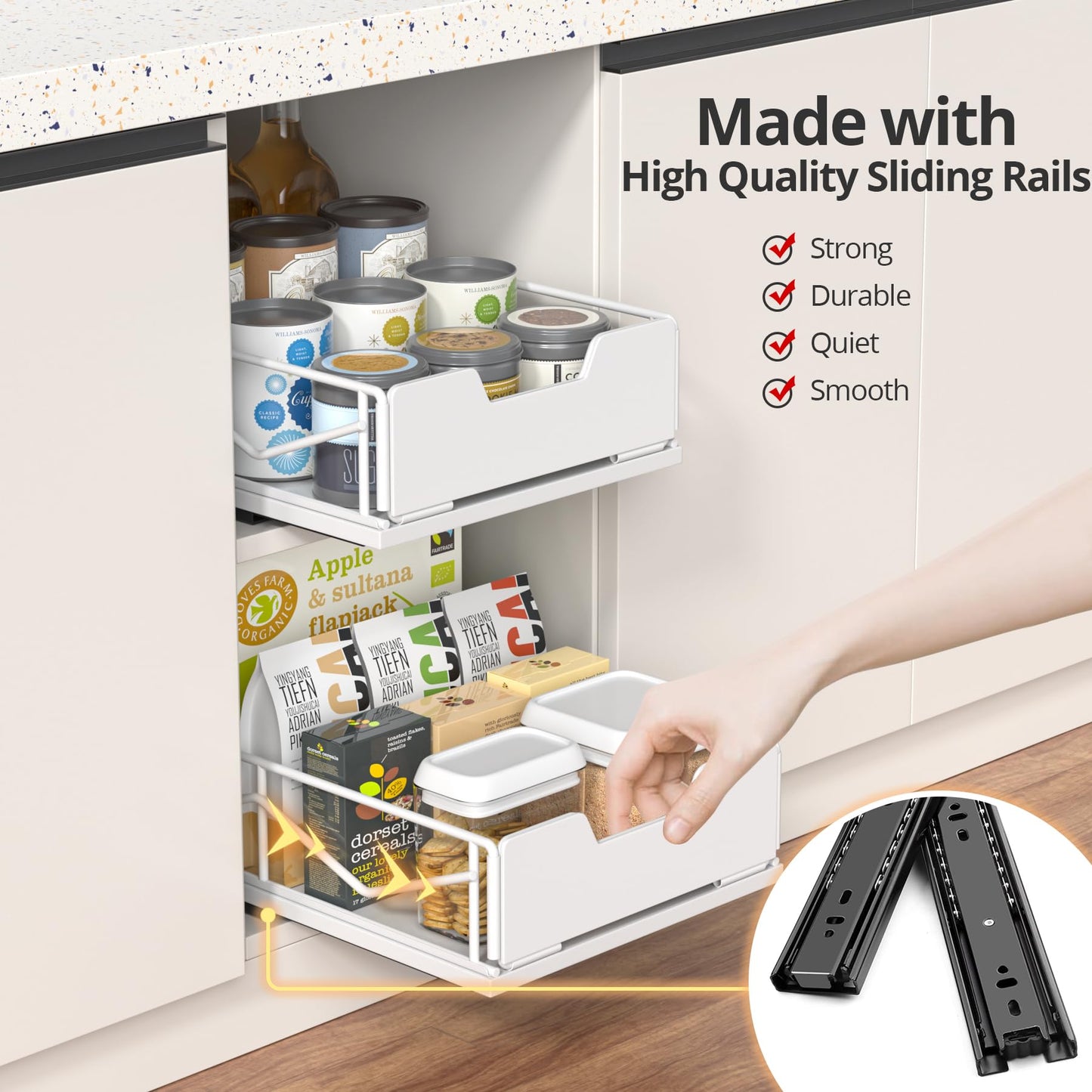 Pull Out Cabinet Organizer, Pantry Slide Out Drawer Organizer with Adhesive Strips, Heavy Duty Under Sink Organizer, Storage and Organization for Kitchen, Bathroom, 15.7" D x 9.8" W x 4" H