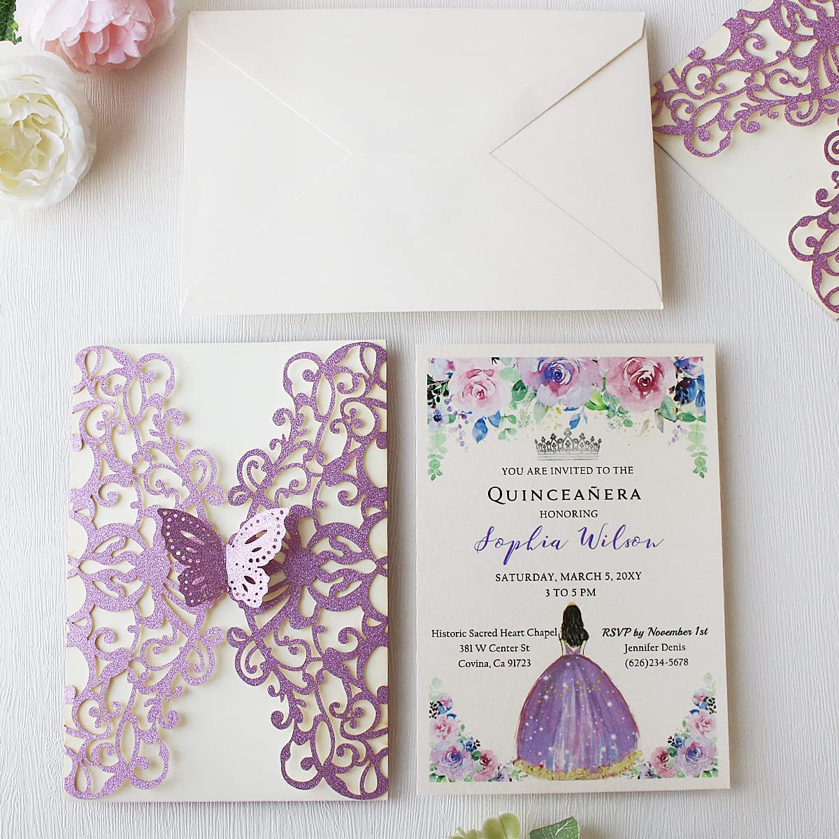 KUCHYNEE 50PCS 5.1 x7.3 Inch Purple Glitter Laser Cut Quinceanera invitations kit Hollow Floral Butterfly Pocket Invitation for Quincenera Wedding Invite (Purple Glitter)