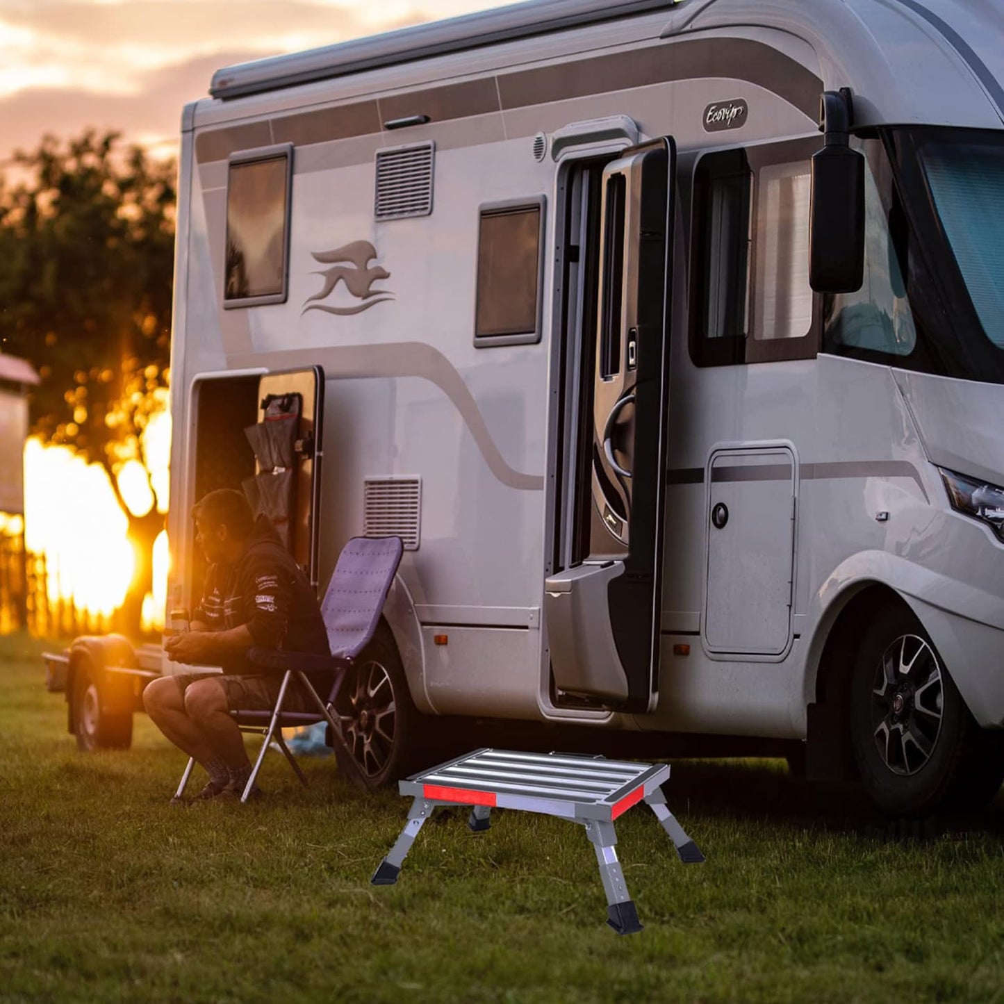 Homeon Wheels Stable RV Steps Adjustable Height Aluminum Folding Platform Step with Non-Slip Rubber Feet, Reflective Stripe, Handle, RV T Level, More Stable Up to 1000 lbs 16.5" x 12.2" RV Step Stool