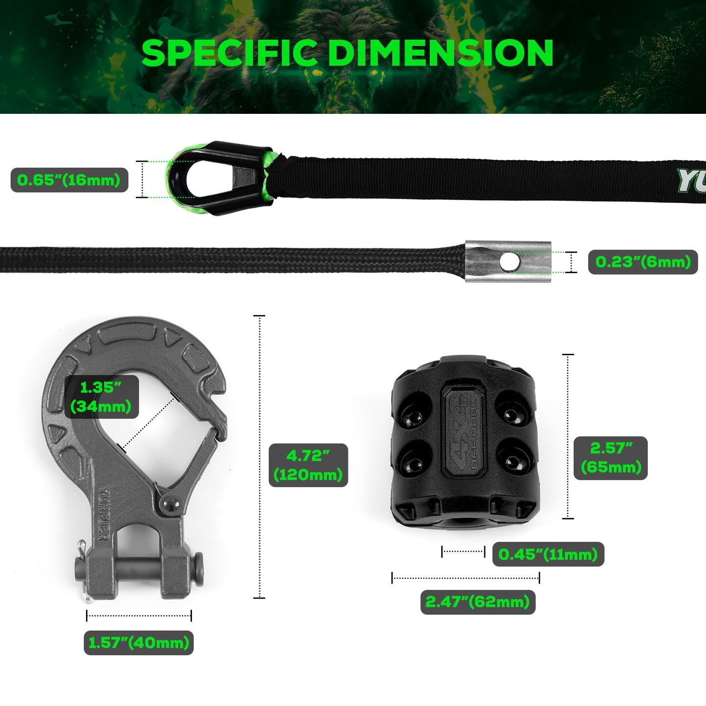 YUNFUER Synthetic Winch Rope Cable Kit, 1/4" x 50ft 10000LBS Green Winch Rope with Protective Sleeve, Forged Winch Hook, Rubber Stopper and Safety Pull Strap for ATV UTV (Green)