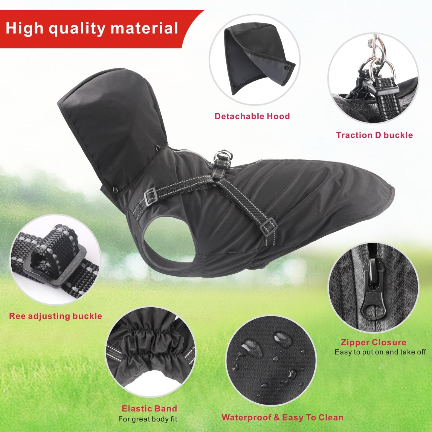 Mosucoirl Dog Raincoat Waterproof Dog Hoodie Reflective Dog Raincoat Hooded Adjustable Rain Jacket for Small Medium Large Dogs Puppies (Black, L)