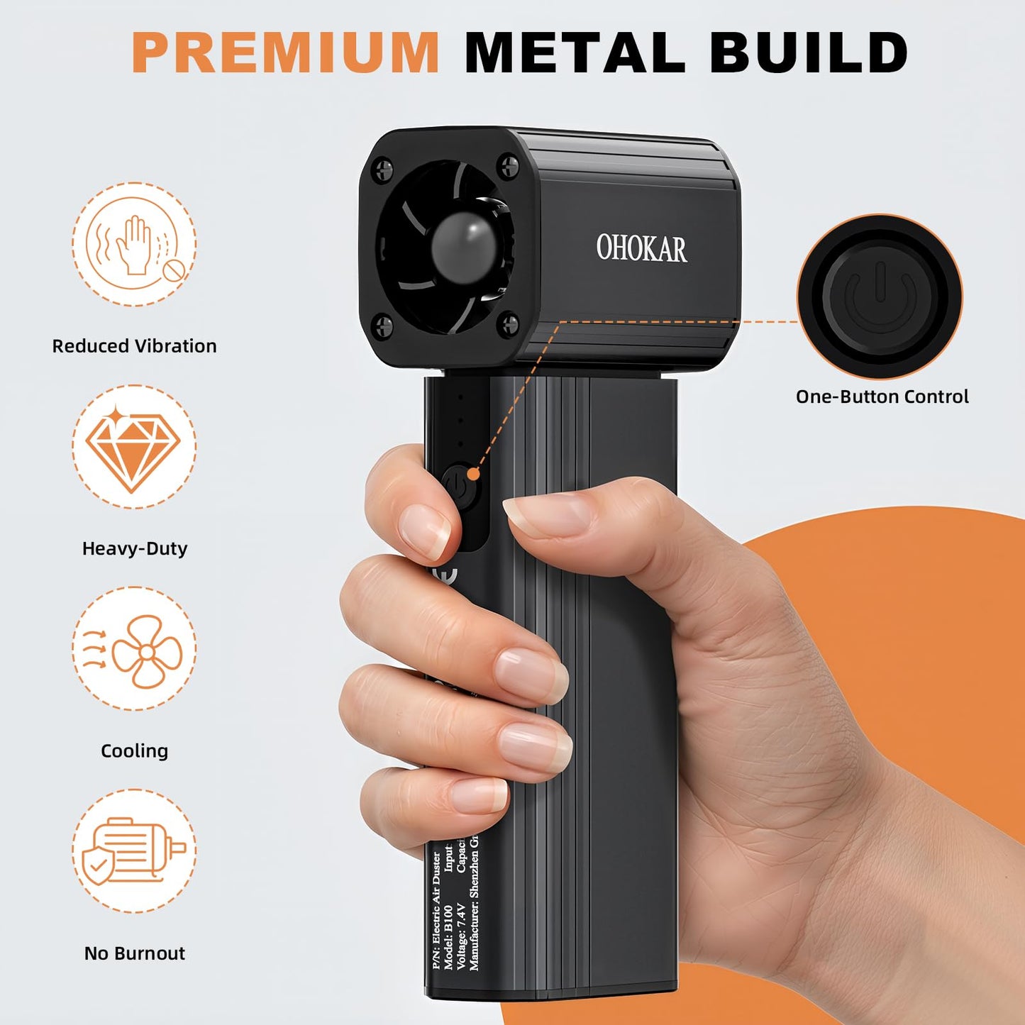 OHOKAR Compressed Air Duster-150000RPM 160W Brushless Motor Metal-Bodied Electric Air Duster, 29.6Wh Rechargeable Cordless Mini Blower, 18W Fast Charging 4-Speed Dust Blower for PC, Keyboard,Car, Home