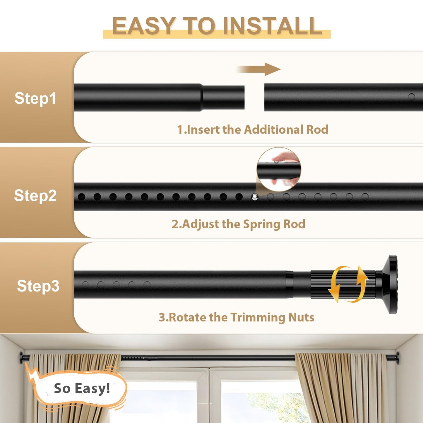 Zipglo Tension Curtain Rods 51-128 Inch Black, Adjustable Curtain Rod - No Drilling, Heavy Duty Spring Tension Extra Long Shower Rod for Bathroom, Window, Closet, Patio, Diameter 1.26 Inches