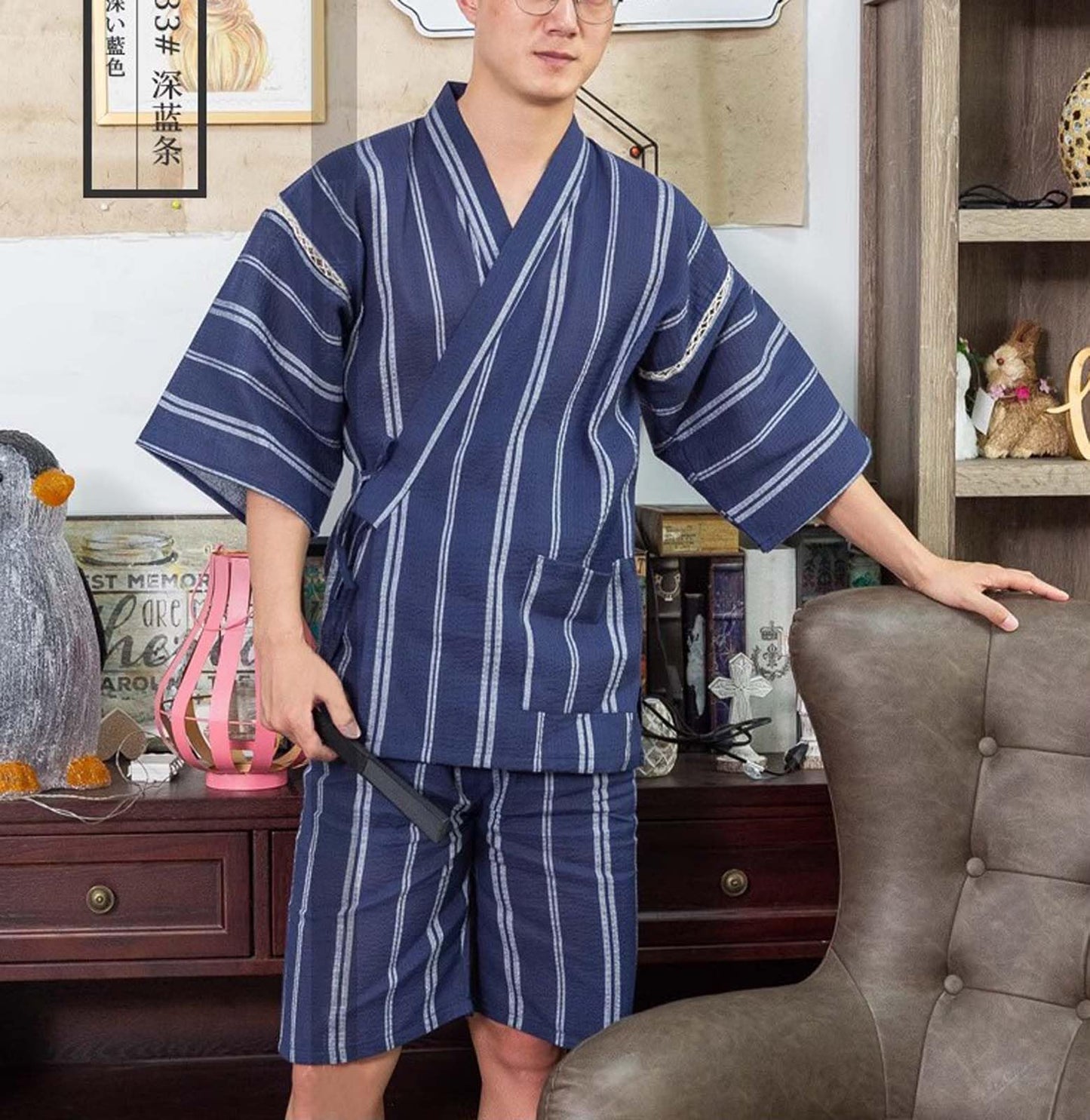 ZEALMAX Men's Kimono Japanese Jinbei Shirt and Pant Cotton Linen Loungewear Lounge Set Spa Bathrobe, Style 3 Multicolor, Multicolor, One Size