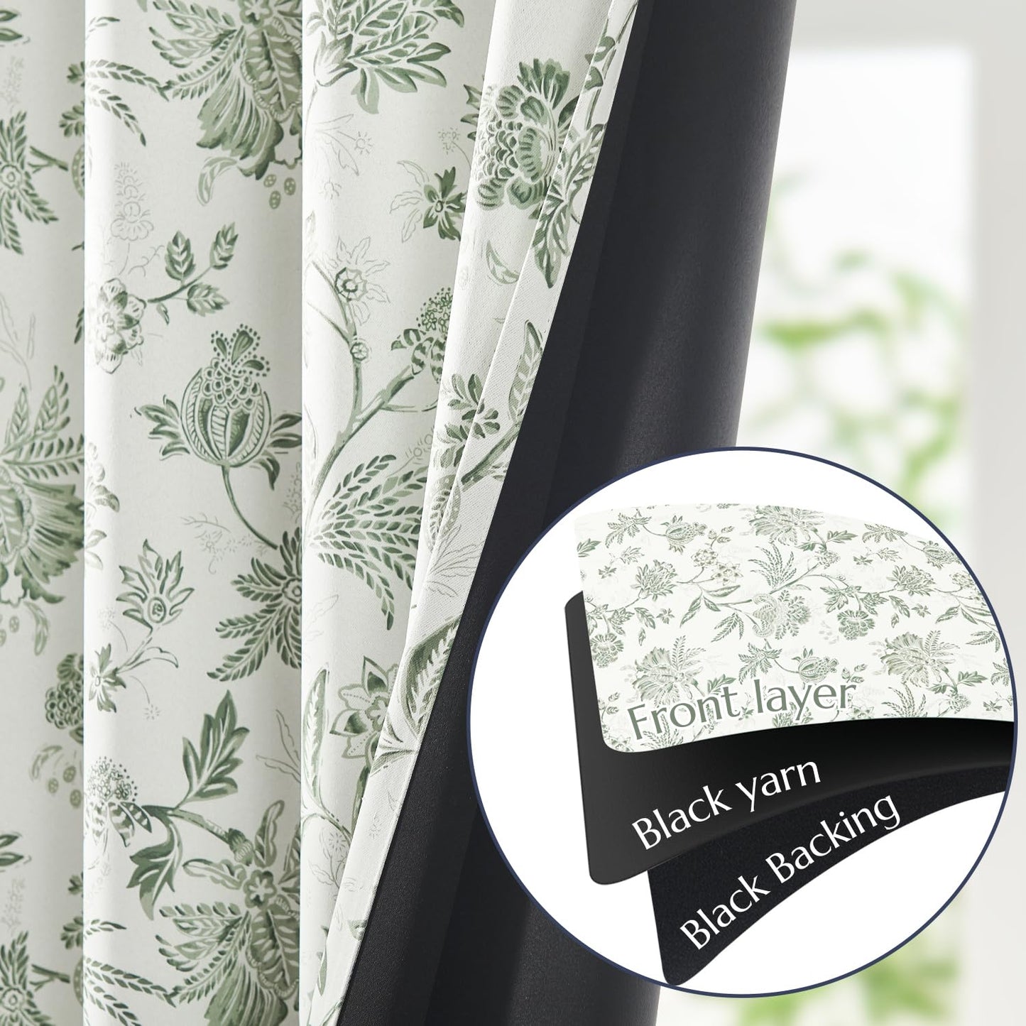 jinchan Blackout Floral Curtains for Bedroom, 84 Inches Long Printed Flower Black Out Curtains, French Country Back Tab Sage Green Window Treatment Farmhouse Drapes Set 2 Panels Green