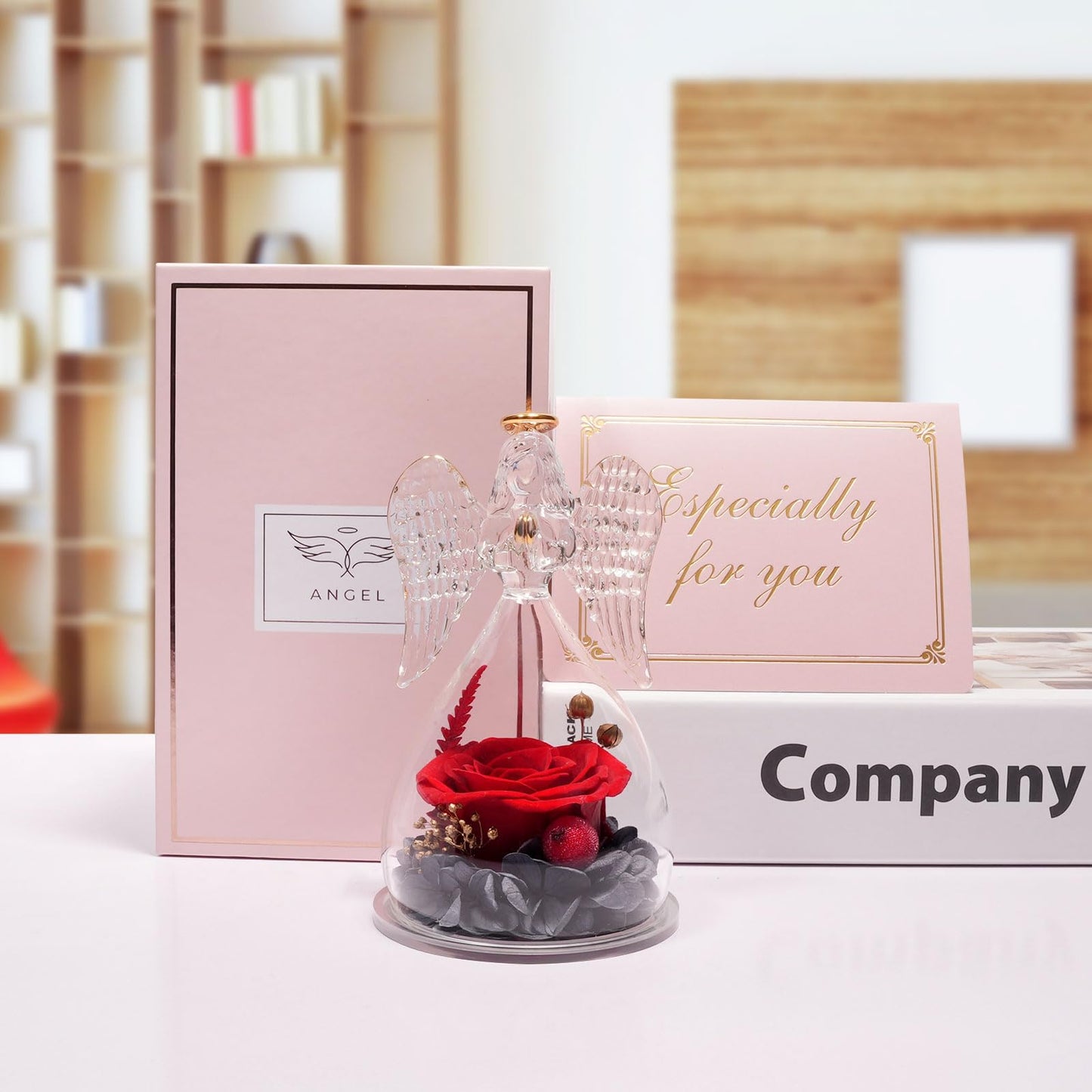 Miofula Preserved Flowers Rose Birthday Gifts for Women, Angel Figurines with Forever Real Rose Gifts for Mom Her Grandma,Unique Angels Gifts for Mothers Day Christmas Valentines Day Anniversary (Red)