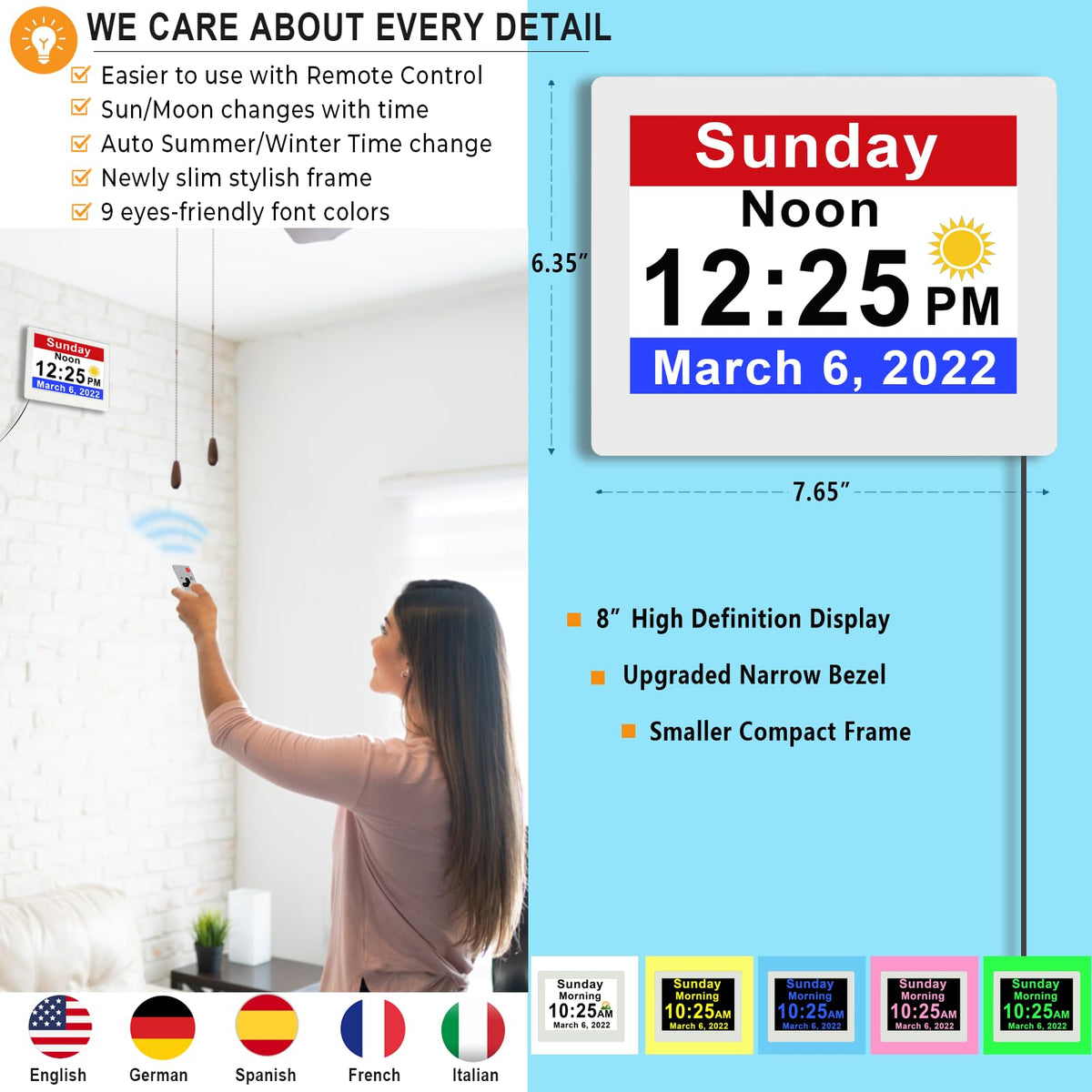 Large Calendar Clock for Seniors, 30 Alarms & Sun/Moon Icons, Day Date Week Clock with Remote Control, 6 Standard Themes, 20 Custom Reminders, 5 Languages, Auto Dimming, 12/24 Hours, auto DST