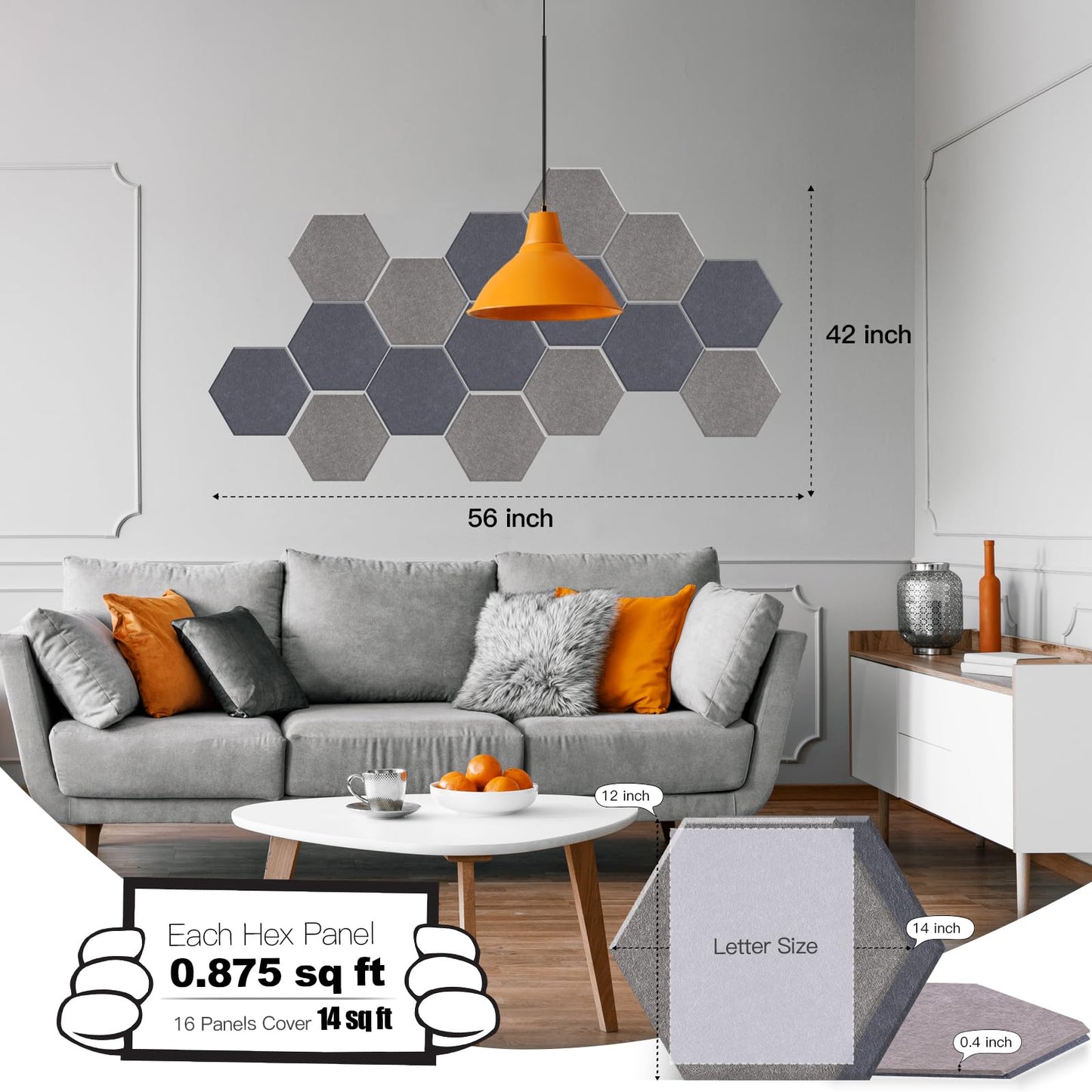 Mollywell Hexagon Acoustic Panels 14x12 - Reduce Echo & Reverb, Noise Blocking Wall Tiles for Living Room & Studio, Afraica & Moon Gray Sound Absorbing Panels
