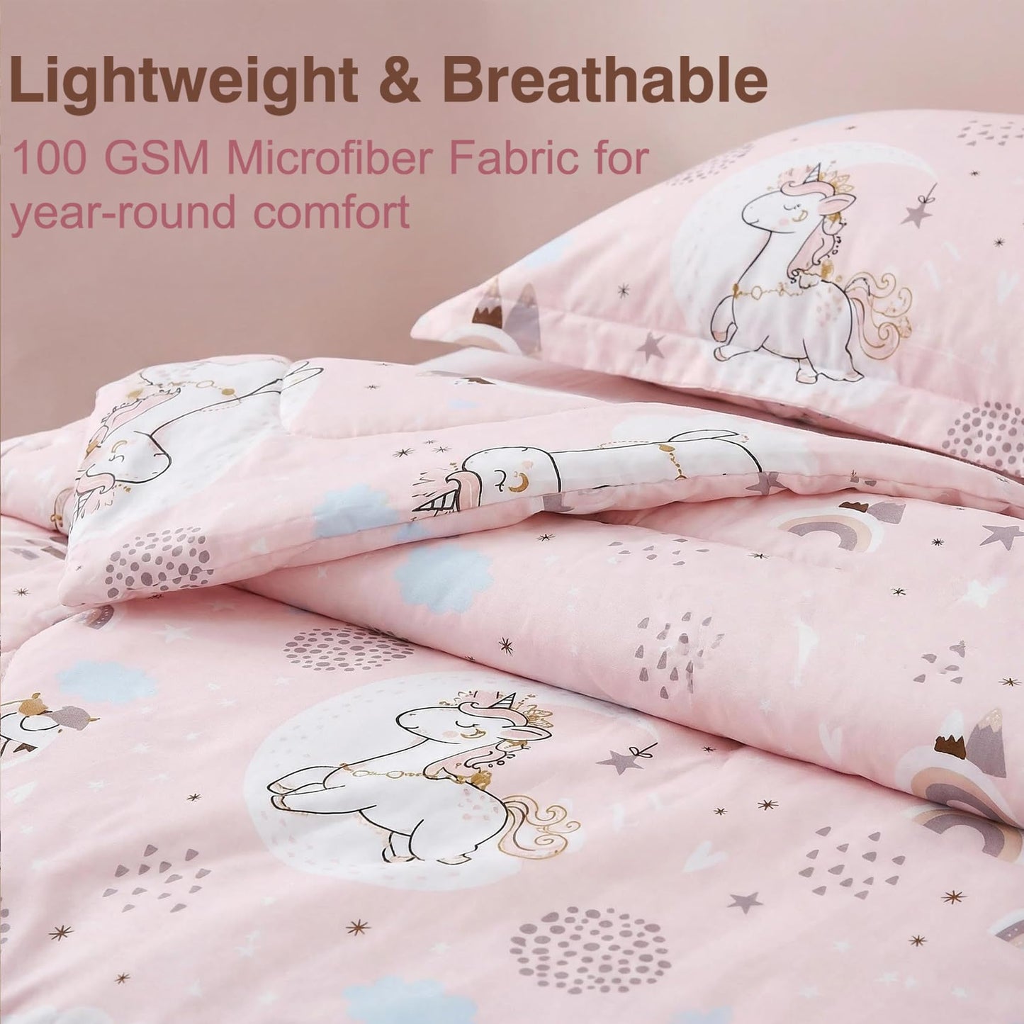 JSD Pink Unicorn Kids Comforter Set for Girls, 2 Pieces Twin Microfiber Comforter with Pillow Sham, Soft Comfortable Machine Washable
