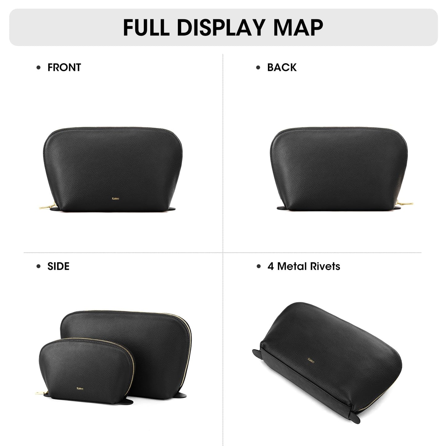 Kattee Leather Makeup Bag, Travel Cosmetic Bag Set, Toiletry Bag Organizer for Women, 2-Pack, Black