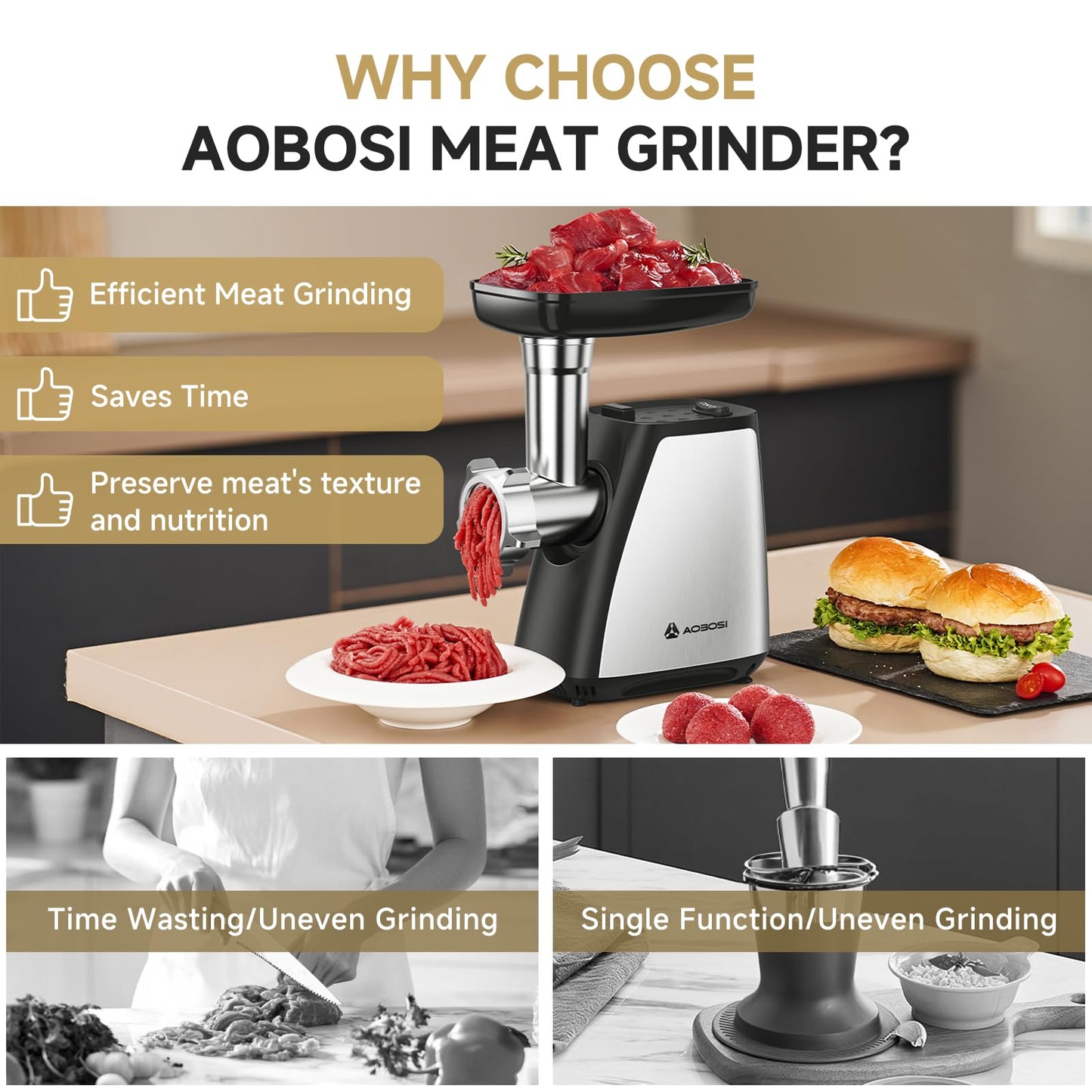 AAOBOSI Meat Grinder, 3-in-1 Meat Grinder Electric [2800W Max] with 2 Blades,4 Plates,Sausage Stuffer,Kubbe Kit, for Home Kitchen Use, Stainless Steel