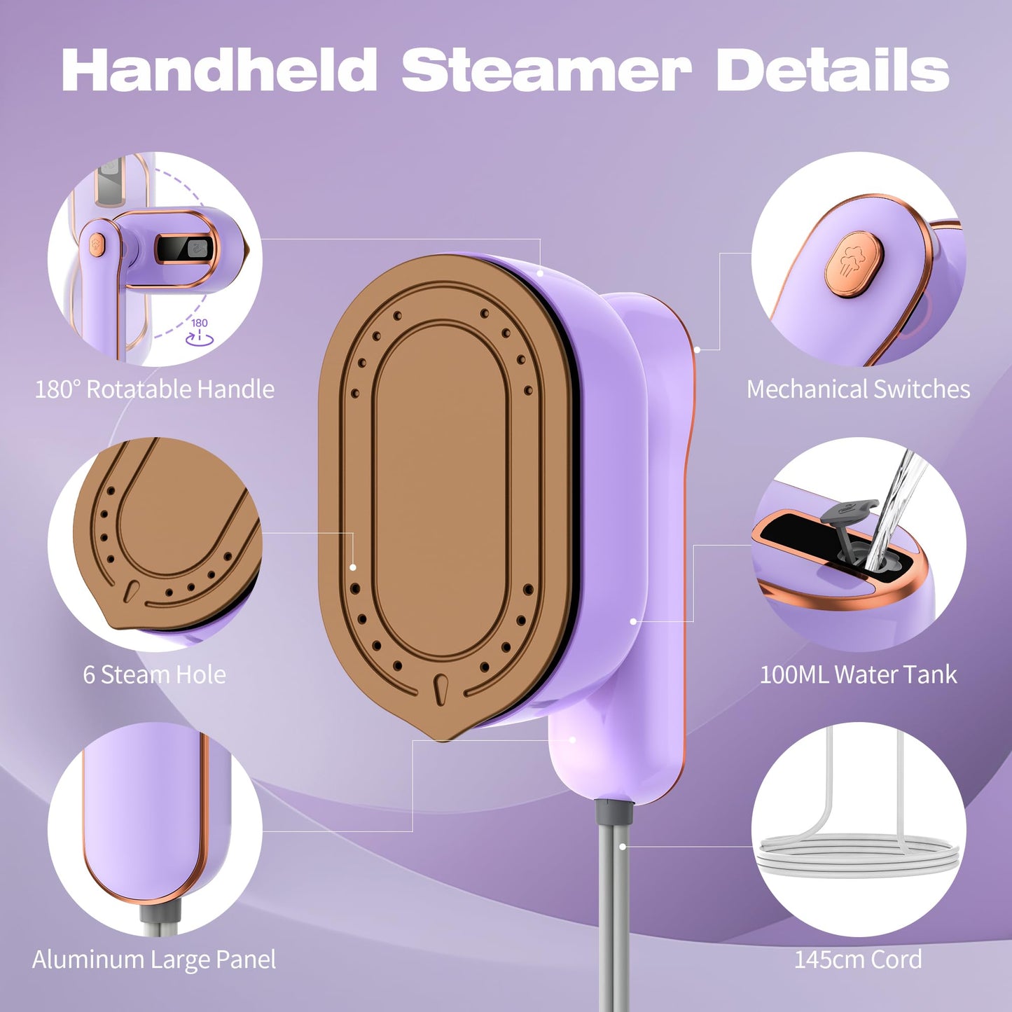 Portable Travel Steamer for Clothes, 2 in 1 Small Spray, 180° Rotating Handle, Lightweight, Quick-Heating, Easy to Use (Purple)