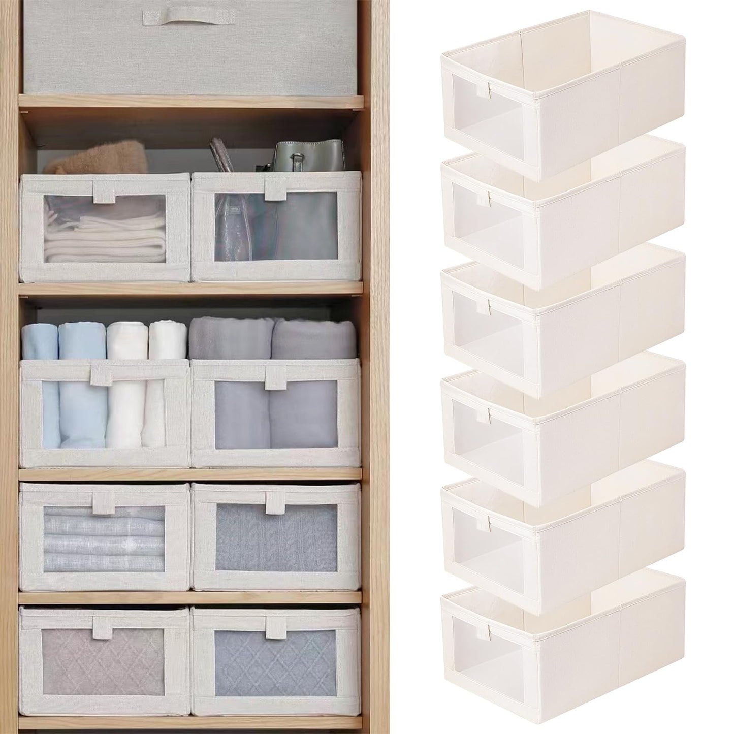SUNAYOF 6 Pack Linen Closet Organizer and Storage, Foldable Closet Storage Bins with Clear Window, Linen Closet Baskets for Clothing, Jeans, Shelves, Toys