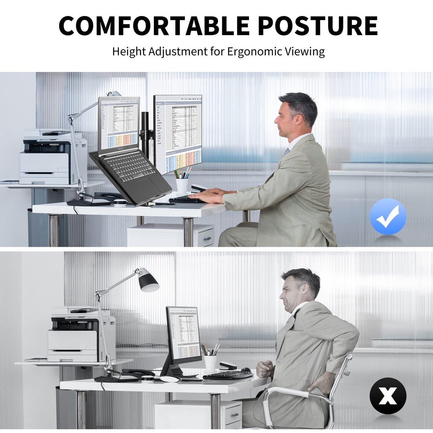 Suptek Full Motion Computer Monitor and Laptop Riser Desk Mount Stand, Height Adjustable (400mm), Fits 13-27" Screen and up to 17" Notebooks, VESA 75/100, up to 22lbs for Each (MD6432TP004)