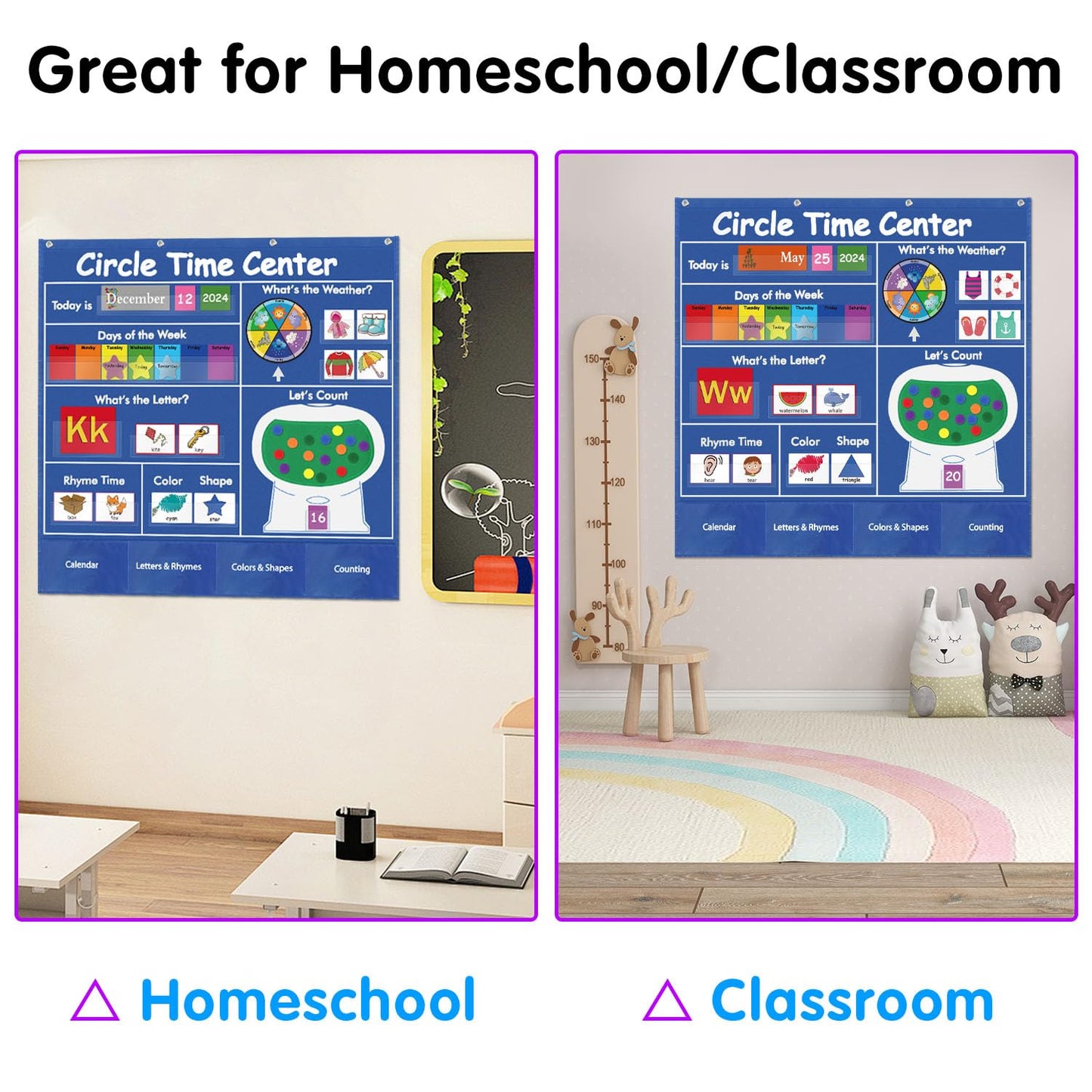 BOHEMIABY Circle Time Learning Center Classroom Pocket Chart Preschool, Educational Pocket Chart Teaching Materials, Learning Calendar Weather Counting Letter Color Shape (circle time learning center)