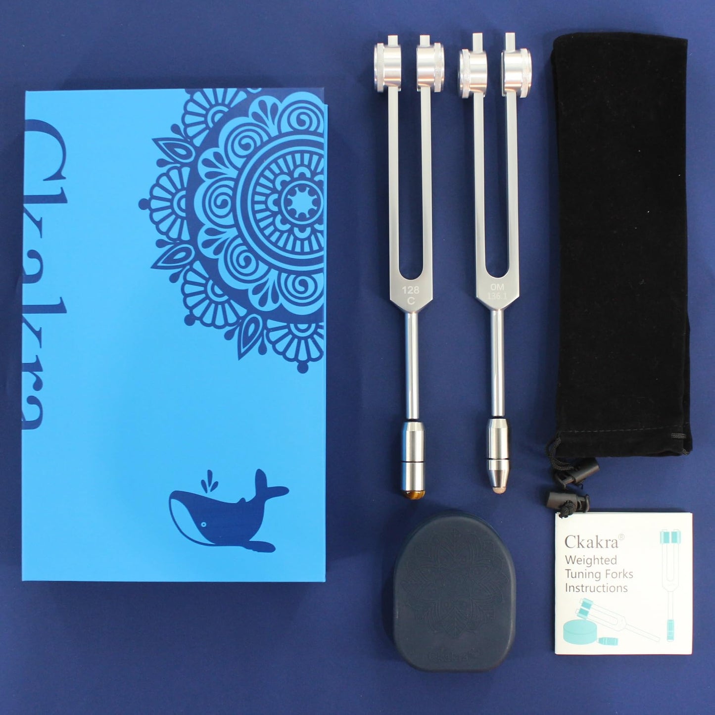 Ckakra Pack of 2 Weighted Tuning Forks with Natural Gem Feet, 128hz,136.1hz, Zen Tools,Meditation Accessories,Odorless Silicone Activator